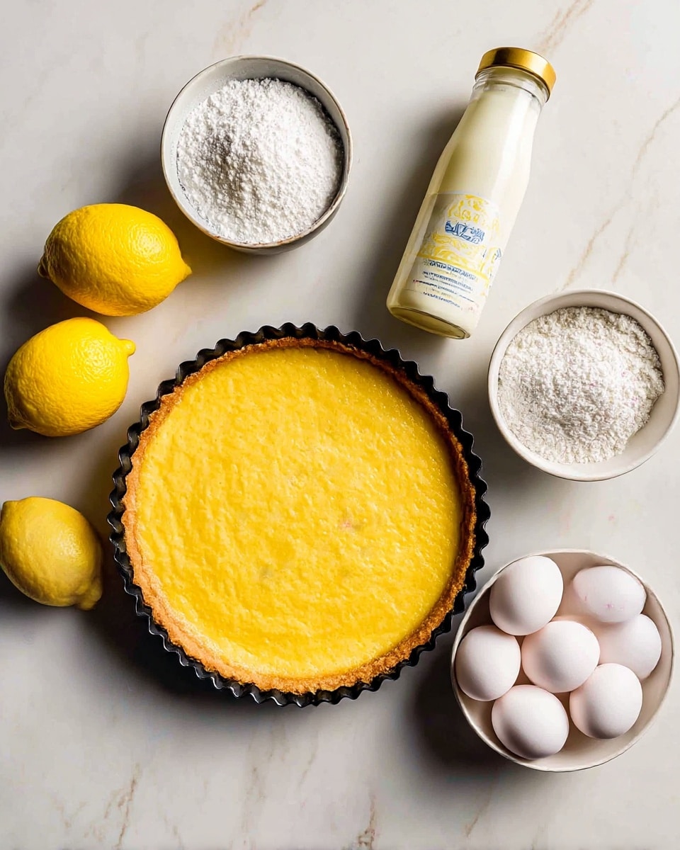 A golden yellow baked tart shell sits in a round black fluted tart pan on a white marbled surface. Around it are four bright yellow lemons, a small white bowl filled with white powdered sugar, a glass bottle of cream with a white label and gold cap, and a white bowl holding six white eggs with faint pink writing on them. The items are spaced neatly, showing each ingredient clearly in natural light. photo taken with an iphone --ar 4:5 --v 7