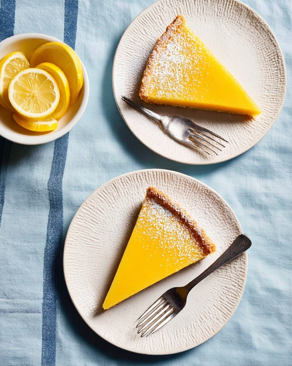 Two slices of lemon tart are placed on white plates with textured surfaces, each slice showing a smooth bright yellow filling layer resting on a golden-brown crust with a slightly crimped edge. Each tart slice is sprinkled with white powdered sugar, and a shiny silver fork lies on each plate next to the tart. The plates rest on a light blue cloth with darker blue stripes. To the left, there is a small white bowl holding thin lemon slices. The photo is taken with an iphone --ar 4:5 --v 7