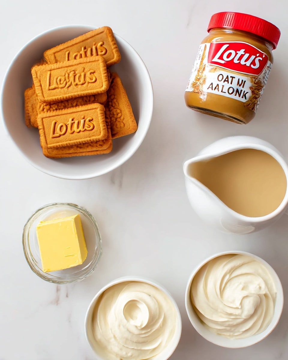 The image shows a top view of ingredients on a white marbled surface: a white bowl filled with stacked golden-brown rectangular Lotus Biscoff cookies with embossed