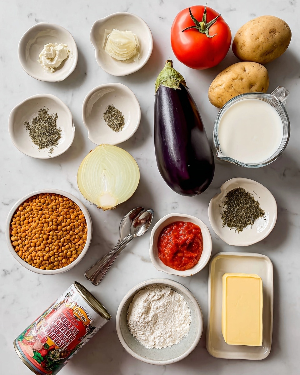 The image shows a white marbled surface with various ingredients spread out for cooking. In the center, there is a whole dark purple eggplant with a green top. To the left of the eggplant, there is a half onion cut lengthwise, showing its pale yellow layers. Above the eggplant, there are three raw potatoes with light brown skin. A bright red whole tomato is placed near the potatoes. Two white plates are present: one at the top left holds four spoons containing garlic paste (light beige), oregano (green dried herb), mint (dark green dried herb), and bright red tomato paste; another plate at the bottom right holds a rectangular piece of yellow butter and a small white bowl filled with white flour. Near the bottom left corner, a can of chopped tomatoes with a red and green label lies on its side. To the right of it, a glass measuring cup filled with white milk is placed. A tilted can of lentils with an orange-brown color is near the tomato. The composition is clear, with each ingredient distinct, arranged neatly on the white marbled surface. photo taken with an iphone --ar 4:5 --v 7