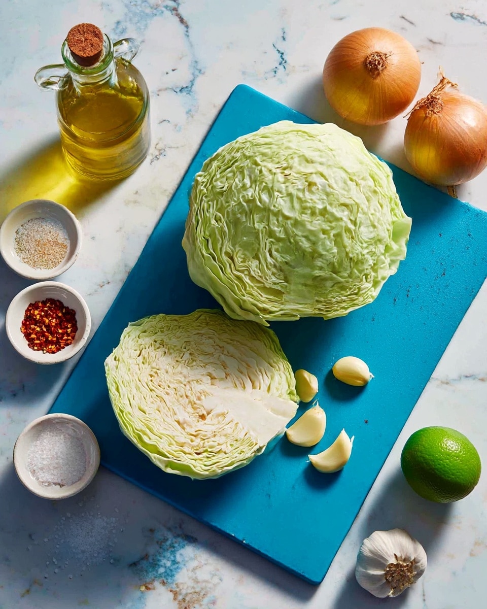 A blue cutting board sits on a white marbled surface, holding a whole light green cabbage and a half cabbage showing tightly packed pale green and white layers, along with a whole brown onion and three pale yellow garlic cloves. Surrounding the board are small white bowls with brown powder, red chili flakes, and salt, a clear glass bottle of golden olive oil, and a whole bright green lime. The scene is bright and colorful, with a neat arrangement of fresh ingredients. photo taken with an iphone --ar 4:5 --v 7