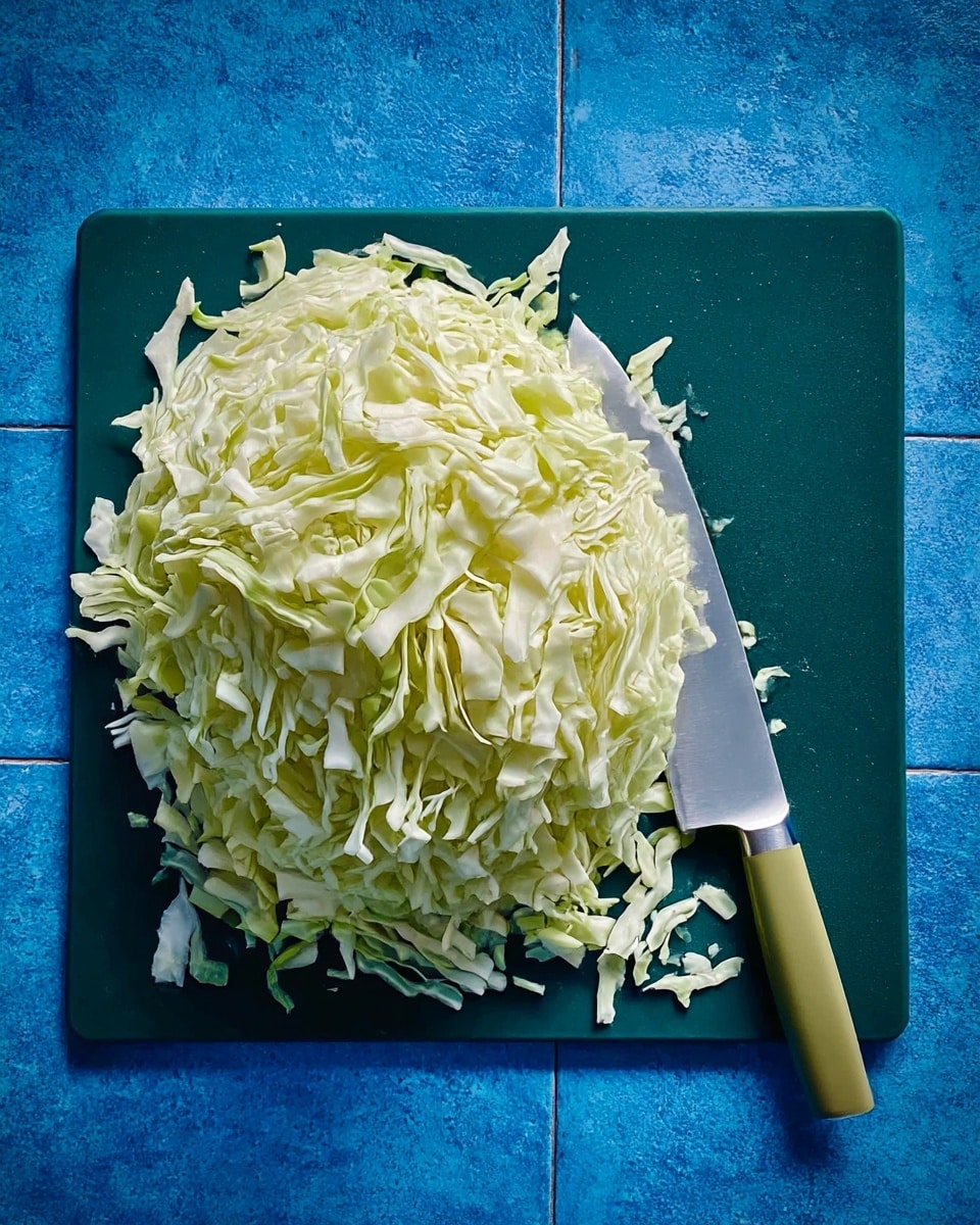 A large pile of thinly sliced pale green and white cabbage rests on a dark green cutting board placed on a bright blue textured tiled surface. To the right of the cabbage, a knife with a shiny silver blade and an olive green handle lies flat on the cutting board, its blade directed outward. The cabbage pieces show layers of soft, leafy textures with uneven edges, and some loose cabbage shreds spread slightly around the main pile. photo taken with an iphone --ar 4:5 --v 7
