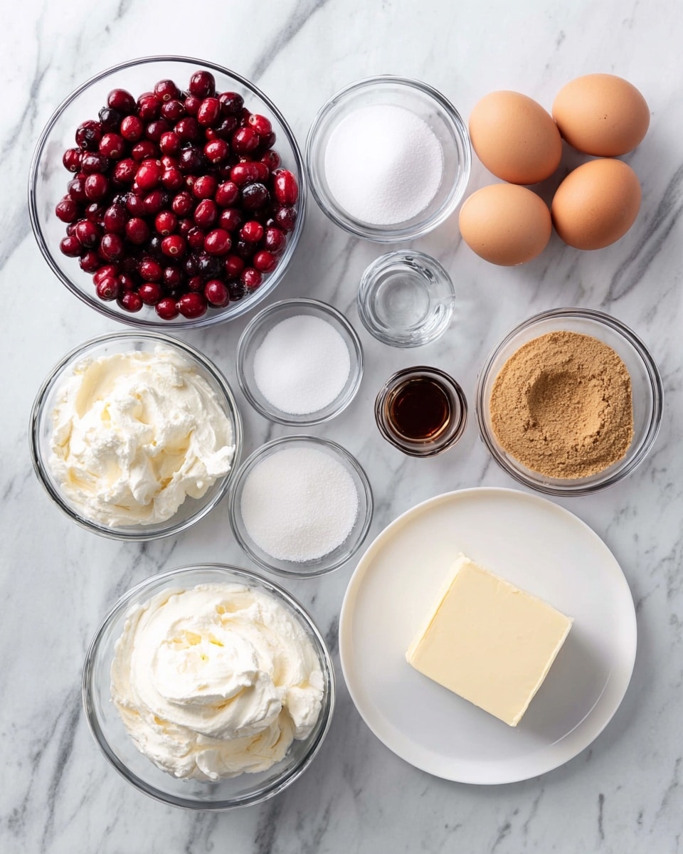 The image shows several clear glass bowls and a white plate with ingredients arranged on a white marbled surface. At the top left, a bowl filled with bright red cranberries is next to four brown eggs. In the middle, there is a bowl of white sugar, a small glass of clear liquid, and a small shot glass with dark brown vanilla extract. To the right, a bowl contains fine light brown crumbs, next to a small bowl of white granulated sugar. Below, two larger bowls hold creamy white cream cheese and smooth whipped cream. A white plate holds a block of pale yellow butter. Each ingredient is neatly organized and clearly visible, ready for baking photo taken with an iphone --ar 4:5 --v 7