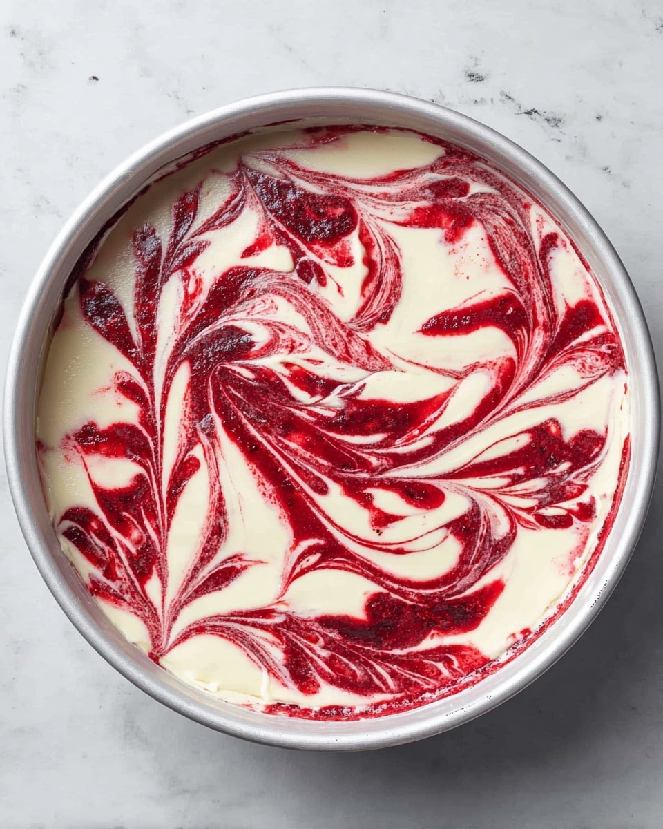 This image shows a round white baking pan filled with a thick creamy white base layer. Swirled on top of this is a bright red fruit sauce, creating a marbled pattern with organic shapes that look like feathers or leaves. The sauce is evenly spread but also has deep red concentrated spots mixed with thinner lighter red streaks, creating a textured visual contrast. The edges of the pan show some of the white creamy layer clearly, and the whole pan is placed on a white marbled surface. Photo taken with an iphone --ar 4:5 --v 7