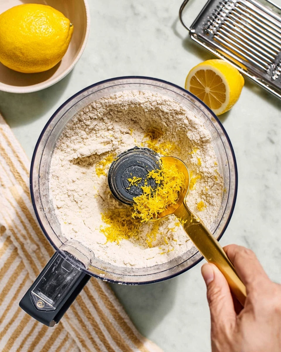 A clear food processor bowl is shown from above with a single layer of pale flour inside, slightly uneven in texture. On top of the flour, a small amount of bright yellow lemon zest is being added from a gold measuring spoon held by a woman's hand on the right side. In the top right corner, there is a whole lemon placed in a small white bowl next to a metal grater with visible lemon zest. The setup sits on a white marbled surface with a light-colored striped cloth on the left side. Photo taken with an iphone --ar 4:5 --v 7