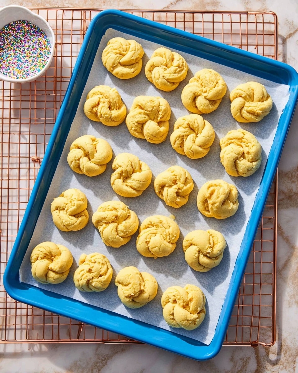 A blue baking tray lined with parchment paper holds 20 golden-yellow, twisted cookies arranged in four neat rows of five. Each cookie has a rough, slightly cracked surface and a knotted shape with visible folds and curves. The tray is placed on a copper cooling rack over a white marbled surface. In the top left corner, a small white bowl filled with colorful round sprinkles is partially visible. photo taken with an iphone --ar 4:5 --v 7
