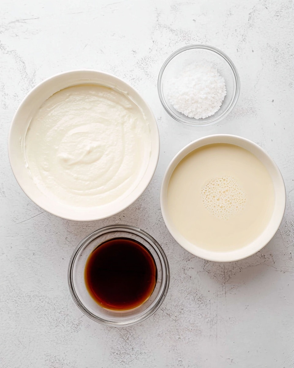 The image shows four bowls on a white marbled surface. The largest bowl on the left holds a smooth, thick white mixture. Near the top center, there is a small clear bowl with coarse salt. To the right of the salt, a white bowl is filled with a creamy, pale yellow liquid with small bubbles on top. Below the salt and to the right of the large bowl is a small clear bowl filled with a dark brown liquid. All bowls are viewed from above, neatly arranged in a square-like shape. Photo taken with an iphone --ar 4:5 --v 7