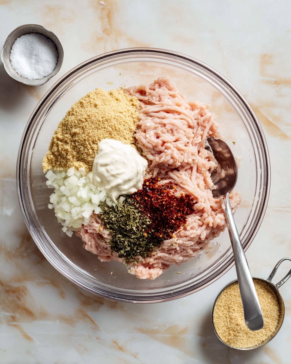 A clear glass bowl holds raw ground meat at the bottom, which is pale pink with fine strands. On top of the meat, moving clockwise from the left, there is a tan-colored dry breadcrumb layer, a white finely chopped onion layer, a small dollop of white creamy mayo or sour cream, a dark green dried herb layer, and red chili flakes next to it. A metal spoon rests inside the bowl on the right side, partially sunk into the herbs and red flakes. The bowl sits on a white marbled surface with a small white bowl of salt and a small metal measuring cup with more breadcrumbs around it. Photo taken with an iphone --ar 4:5 --v 7