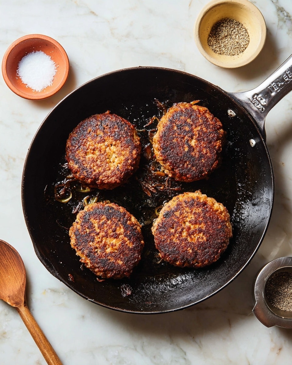 A black cast iron pan holds four browned patties, each with a crispy, dark golden crust and a slightly uneven round shape, arranged evenly in a square pattern. The pan's surface shows some small bits and light grease marks, adding texture. Around the pan, on a white marbled surface, are three small containers: one terracotta container with white granules and a small wooden spoon, one light beige bowl with black pepper, and a metallic measuring cup filled with a white powder. The whole image is bright and clean, with a focus on the rustic cooking scene. photo taken with an iphone --ar 4:5 --v 7
