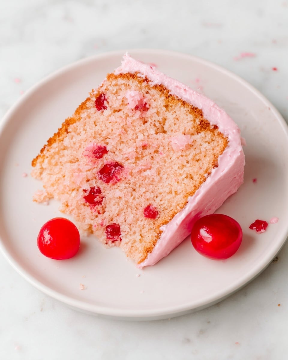 A single slice of light pink cake with several small red cherry pieces inside is placed on a plain white round plate. The cake has one layer with a smooth pink frosting evenly spread on top. Two whole bright red cherries are placed next to the cake slice on the plate. The cake slice shows a soft and crumbly texture with a browned outside edge. The plate sits on a white marbled surface with some small cake crumbs scattered around. photo taken with an iphone --ar 4:5 --v 7