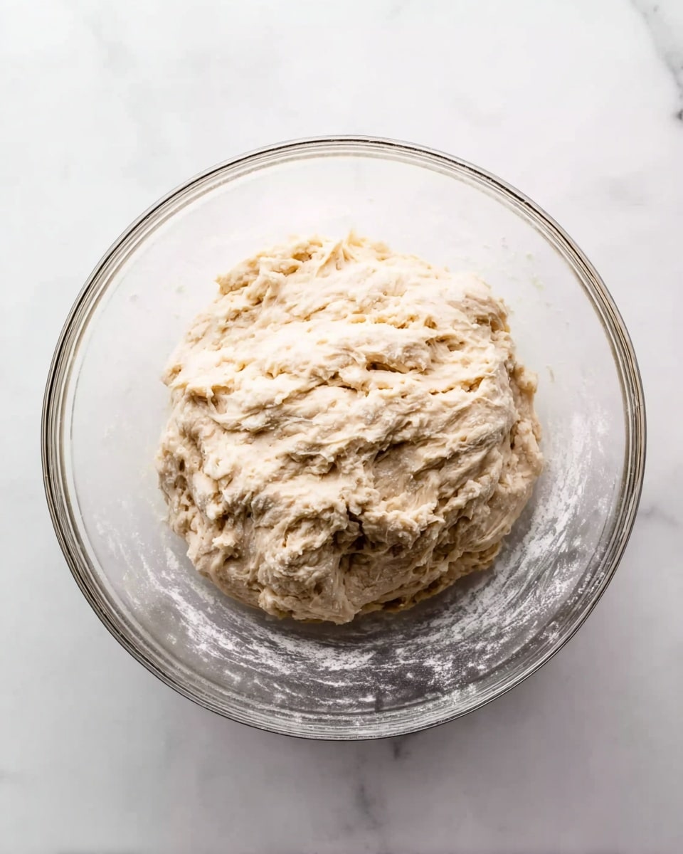 A clear glass bowl sits on a white marbled surface, holding a single large ball of rough-textured dough. The dough is pale beige with some uneven, slightly lumpy areas showing it has just been mixed and not yet risen. The inside of the bowl has a light dusting of flour, and the dough is centered, looking soft and sticky. photo taken with an iphone --ar 4:5 --v 7