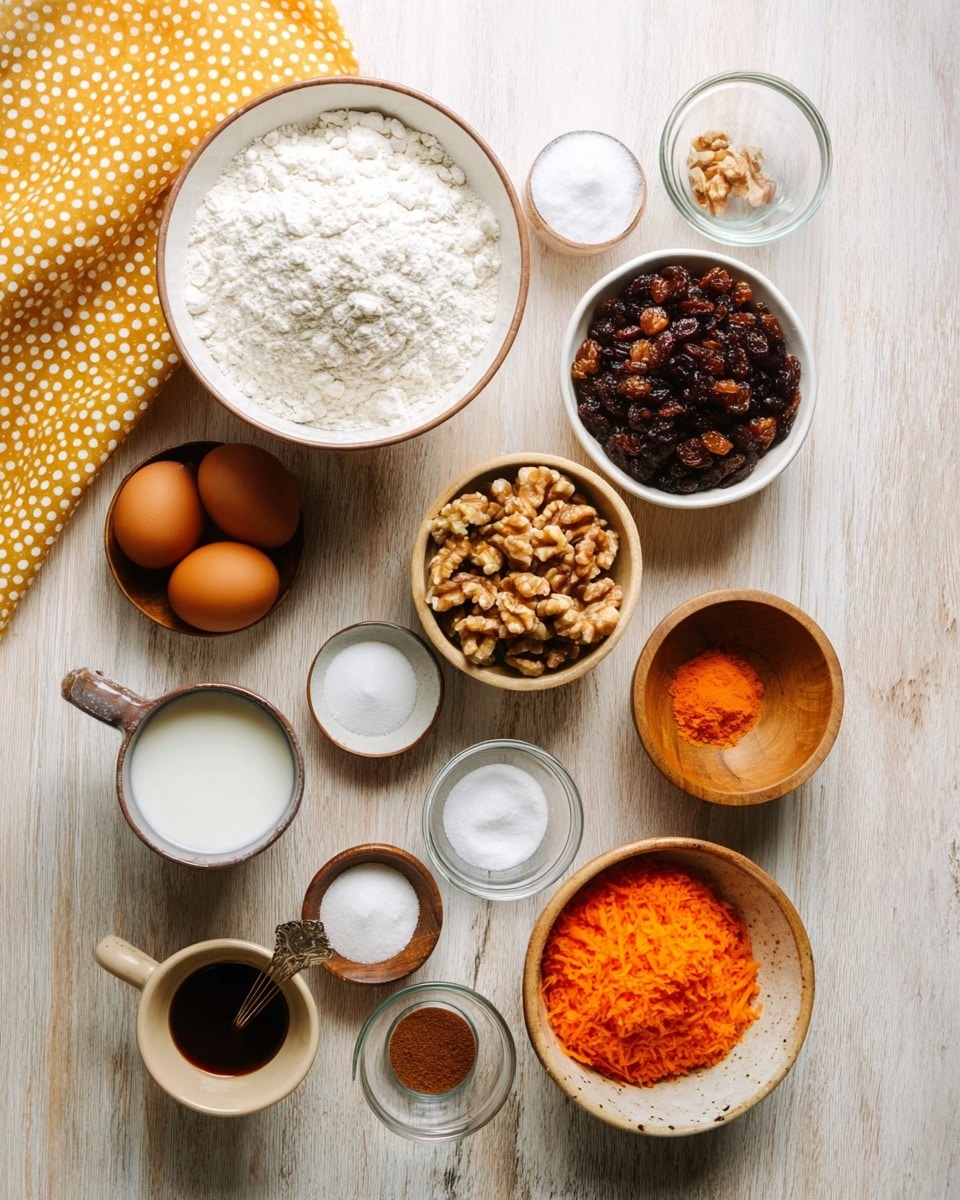 The image shows a top view of various baking ingredients arranged neatly on a table with a white marbled texture surface. There is a large white bowl filled with white flour at the top left, next to a smaller white bowl filled with brown raisins at the top right. Below the flour bowl is a tan bowl of chopped walnuts and a white mug with milk. Next to the raisins is a small container with a dark liquid, likely vanilla, and a small wooden bowl filled with ground cinnamon. Two eggs rest separately on the table, one in a small wooden dish at the bottom left and one on the surface near the center. Between the eggs are four small bowls containing white sugar, brown sugar, baking powder, and baking soda. At the bottom right, there is a white bowl with grated orange carrots. A clear glass bowl with a spoon sits near the vanilla container. A yellow polka dot cloth is partially visible in the bottom left corner. Photo taken with an iphone --ar 4:5 --v 7