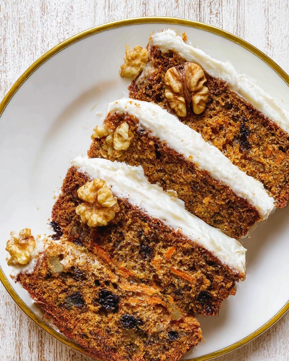 The image shows three slices of moist carrot cake with visible chunks of walnuts and dark raisins inside. The top edge of the cake has a thick layer of white cream cheese frosting that looks smooth and creamy. Some whole walnut pieces are placed on top of the frosting, adding texture. The slices are placed on a white plate with a gold rim, set on a white marbled textured surface. The cake has a dense, textured crumb with specks of orange from grated carrot, and the frosting contrasts sharply with the brown cake layers. Photo taken with an iphone --ar 4:5 --v 7