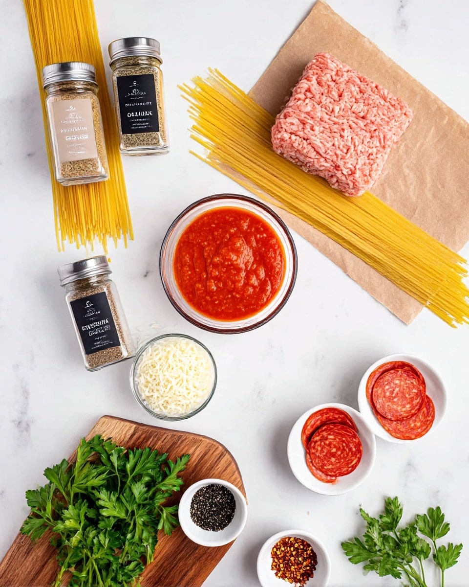 The image shows several ingredients neatly arranged on a white marbled surface. At the top right, there is a block of light pink raw ground meat on brown parchment paper. Next to it, a bundle of uncooked yellow spaghetti is spread out. Below the meat and pasta, a small glass bowl filled with a bright red tomato sauce sits in the middle. To the left of the sauce, there is a small clear bowl filled with shredded white cheese. Three glass spice bottles with silver lids and black labels reading