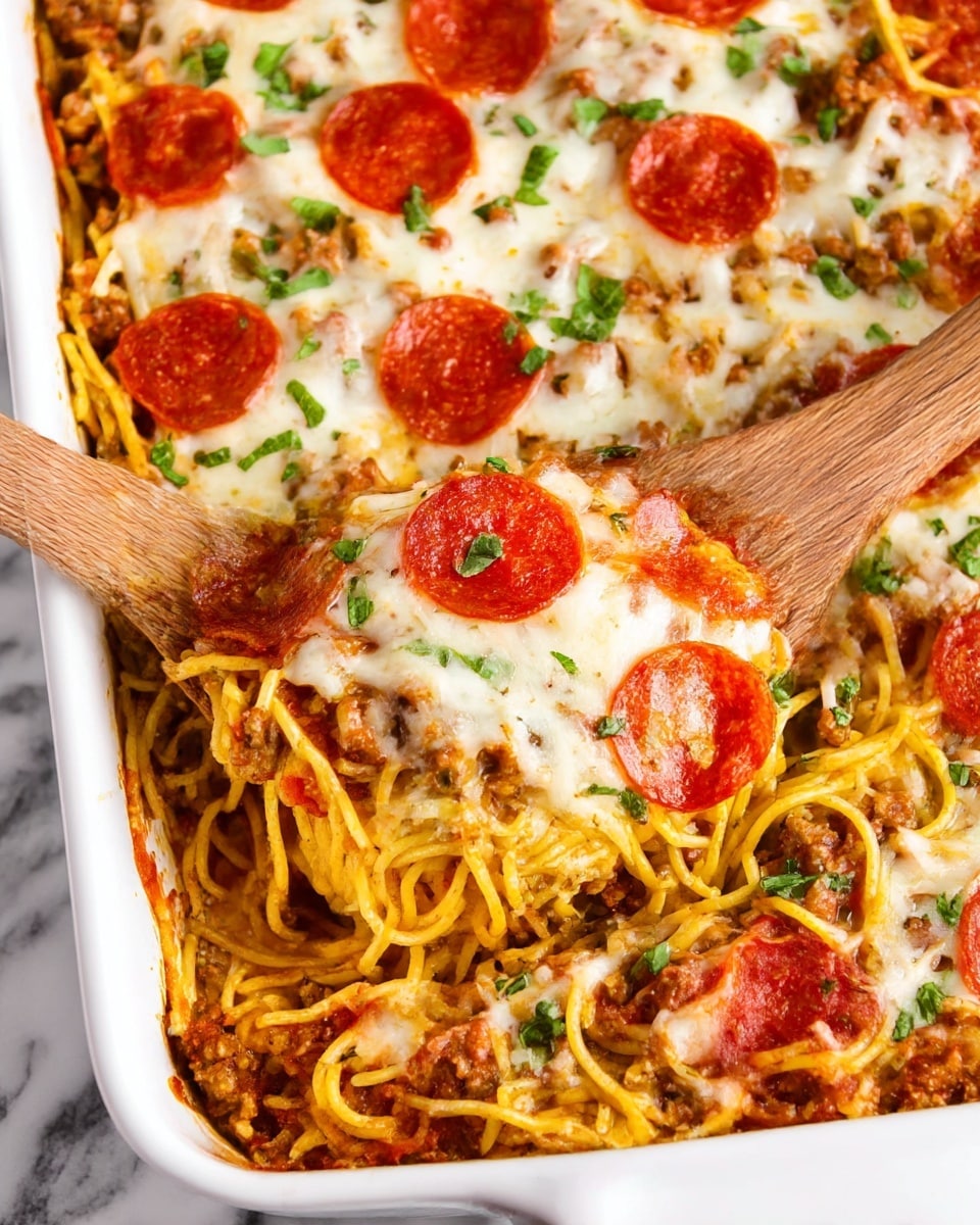 The image shows a white baking dish filled with a layered spaghetti casserole. The bottom layer is mixed ground meat with tomato sauce, visible between the strands of yellow spaghetti noodles that form the middle layer. On top, there is melted white cheese spread unevenly, with several round red pepperoni slices placed over the cheese. Small green herb pieces are sprinkled across the dish for garnish. A wooden spoon is partially placed in the casserole, lifting some spaghetti. The dish sits on a white marbled surface photo taken with an iphone --ar 4:5 --v 7