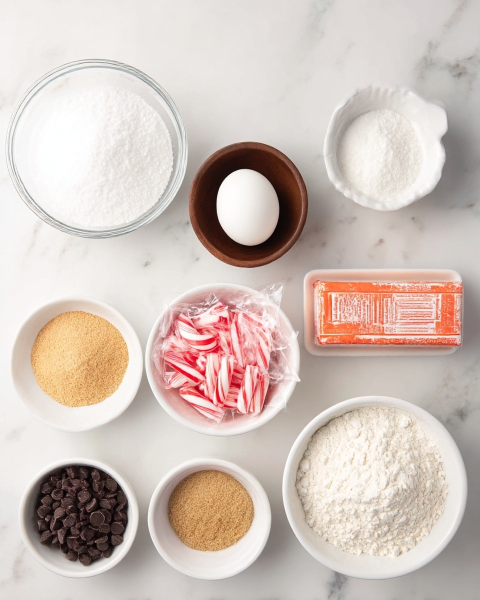The image shows eight ingredients placed neatly on a white marbled surface. Starting from the top left, there is a small glass bowl filled with white granulated sugar. Next to it is a brown wooden bowl holding one white egg. To the right, a small white ceramic dish contains a white powder, likely baking powder. Below that is a rectangular stick of butter wrapped in orange and white paper. In the center, a white bowl holds several red and white striped peppermint candies wrapped in clear plastic. Below the candy bowl to the left, another white bowl is filled with small, dark chocolate chips. To its left, a small clear glass bowl is filled with light brown sugar. Finally, at the bottom right, a larger white bowl is full of white flour. All items are arranged in a clean, bright setting with soft lighting, and there is some space visible between each ingredient. photo taken with an iphone --ar 4:5 --v 7