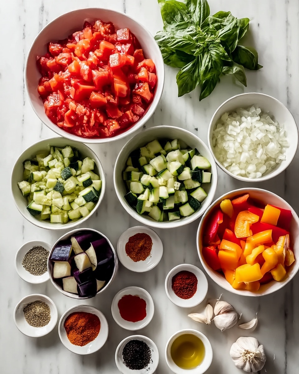 The image shows nine white bowls and dishes arranged on a white marbled surface. At the top center is a bowl filled with bright red chopped tomatoes, with fresh green basil leaves to the right. Below the basil is a bowl of finely chopped white onions. Centered in the middle is a bowl of chopped green zucchini. To the left of this is another bowl with a lighter green chopped vegetable, possibly cucumber or another type of squash. At the bottom left is a bowl with dark purple and white chopped eggplant. To the bottom right is a bowl with large pieces of yellow and red bell peppers. Smaller white dishes are scattered around holding various powders and sauces: dark red spice, a golden liquid, black pepper, a dark brown sauce, a reddish powder, and three cloves of white garlic. The setup looks fresh, colorful, and ready for cooking photo taken with an iphone --ar 4:5 --v 7