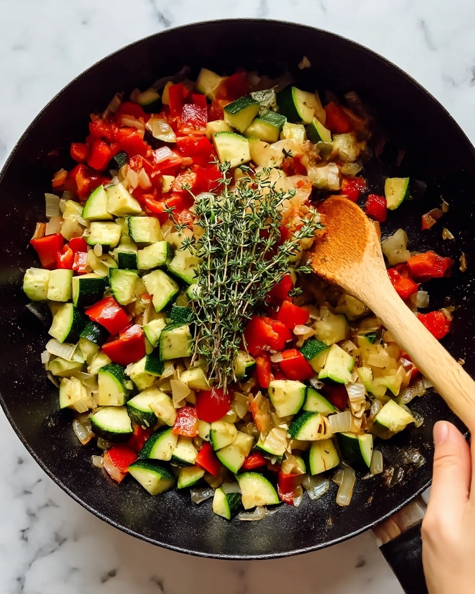 A black pan filled with cooked chopped vegetables in three main layers: green zucchini pieces with light green skins and pale inside, red bell pepper chunks with shiny red skins, and beige cooked onions with soft translucent texture, all mixed together and topped with fresh green sprigs of thyme in the center. A woman's hand holding a wooden spoon is stirring the vegetables from the right side. The pan is placed on a white marbled surface. Photo taken with an iphone --ar 4:5 --v 7
