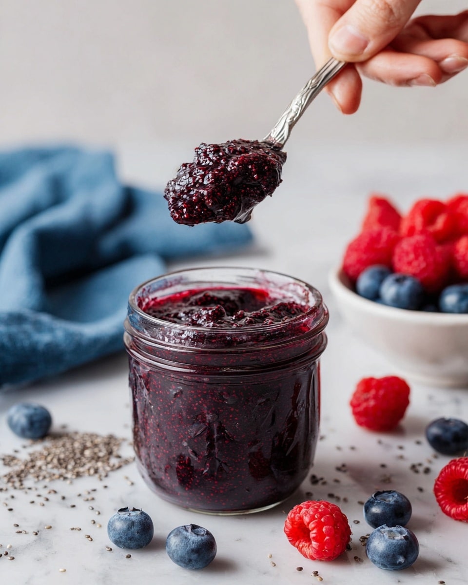 A glass jar filled with a thick, dark purple chia berry jam with visible textured chia seeds is centered on a white marbled surface. A woman's hand holds a silver spoon scooping jam from the jar, lifting a chunky portion that shows a glossy, dense texture with seeds. Around the jar, scattered fresh blueberries and bright red raspberries add color contrast. To the right side, a white bowl filled with fresh raspberries and blueberries sits slightly blurred in the background. Small black chia seeds are sprinkled around the jar and fruits, creating a natural, casual look. A folded piece of blue cloth is partially visible on the left side, enhancing the scene’s cozy feel. Photo taken with an iphone --ar 4:5 --v 7