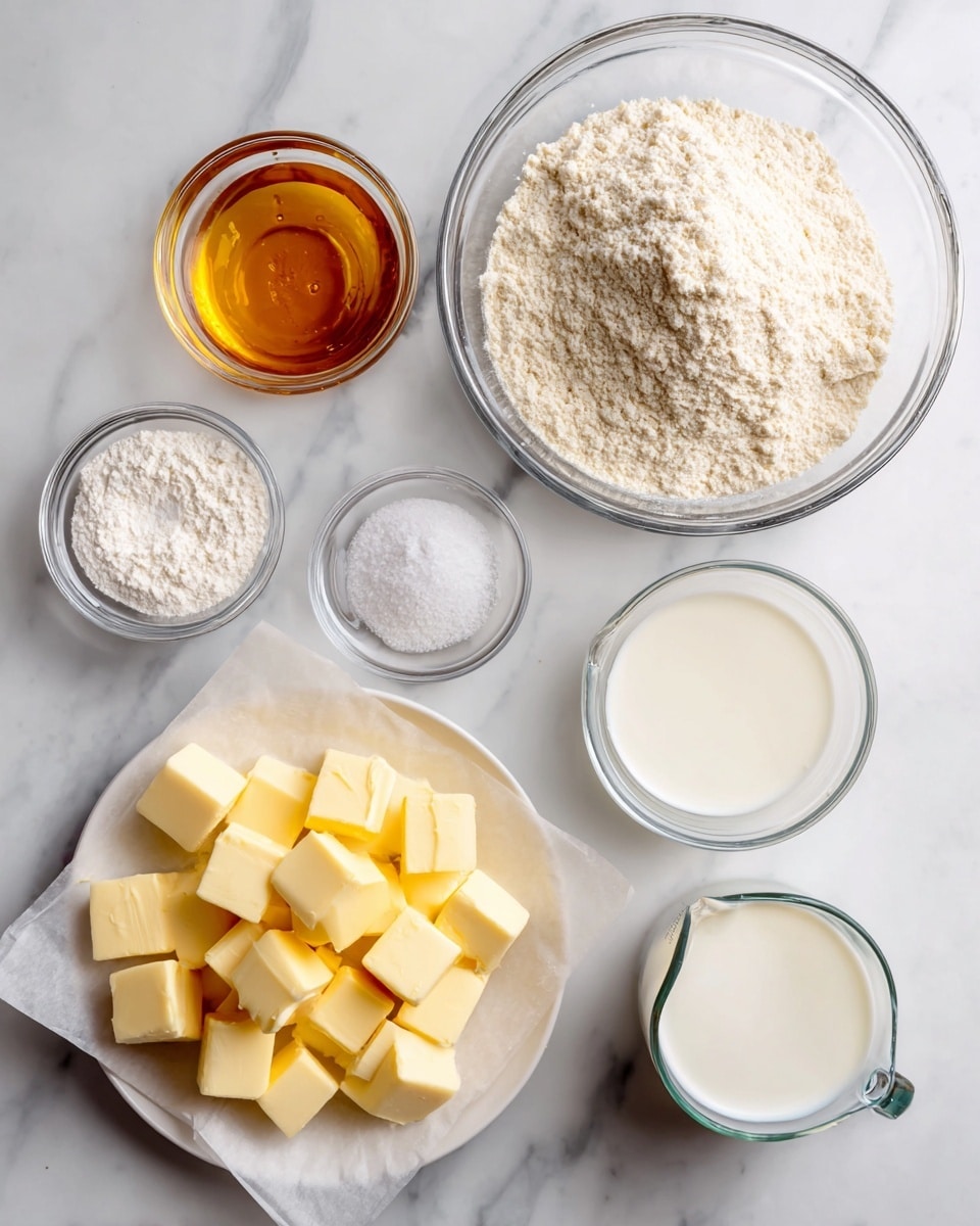 The image shows six ingredients arranged on a white marbled surface, each in clear or white containers. On the top right is a large clear glass bowl filled with a mound of pale flour. To the left of it is a small clear bowl with golden honey. Below the honey is another small clear bowl holding white baking powder and baking soda. In the bottom left corner, a white plate holds many small cubes of yellow butter on top of a sheet of parchment paper. To the right of the butter, a clear measuring cup contains white buttermilk. Below the buttermilk, a small metal cup holds white salt. Each ingredient is labeled clearly with bold black text. photo taken with an iphone --ar 4:5 --v 7