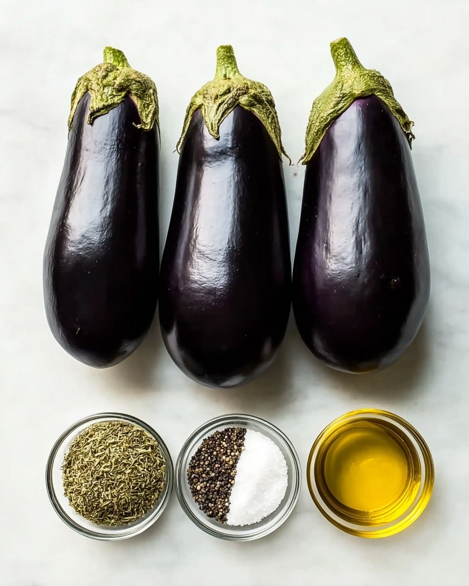 Four shiny dark purple eggplants with green tops are placed side by side near the top of the image on a white marbled surface. Below them, there are three small clear glass bowls lined up in a row. The middle bowl contains white salt on the left half and black pepper on the right half, creating a clear division in the center. The left bowl holds a pile of dried green herbs, and the right bowl is filled with golden yellow olive oil. The whole arrangement is neat and brightly lit. photo taken with an iphone --ar 4:5 --v 7