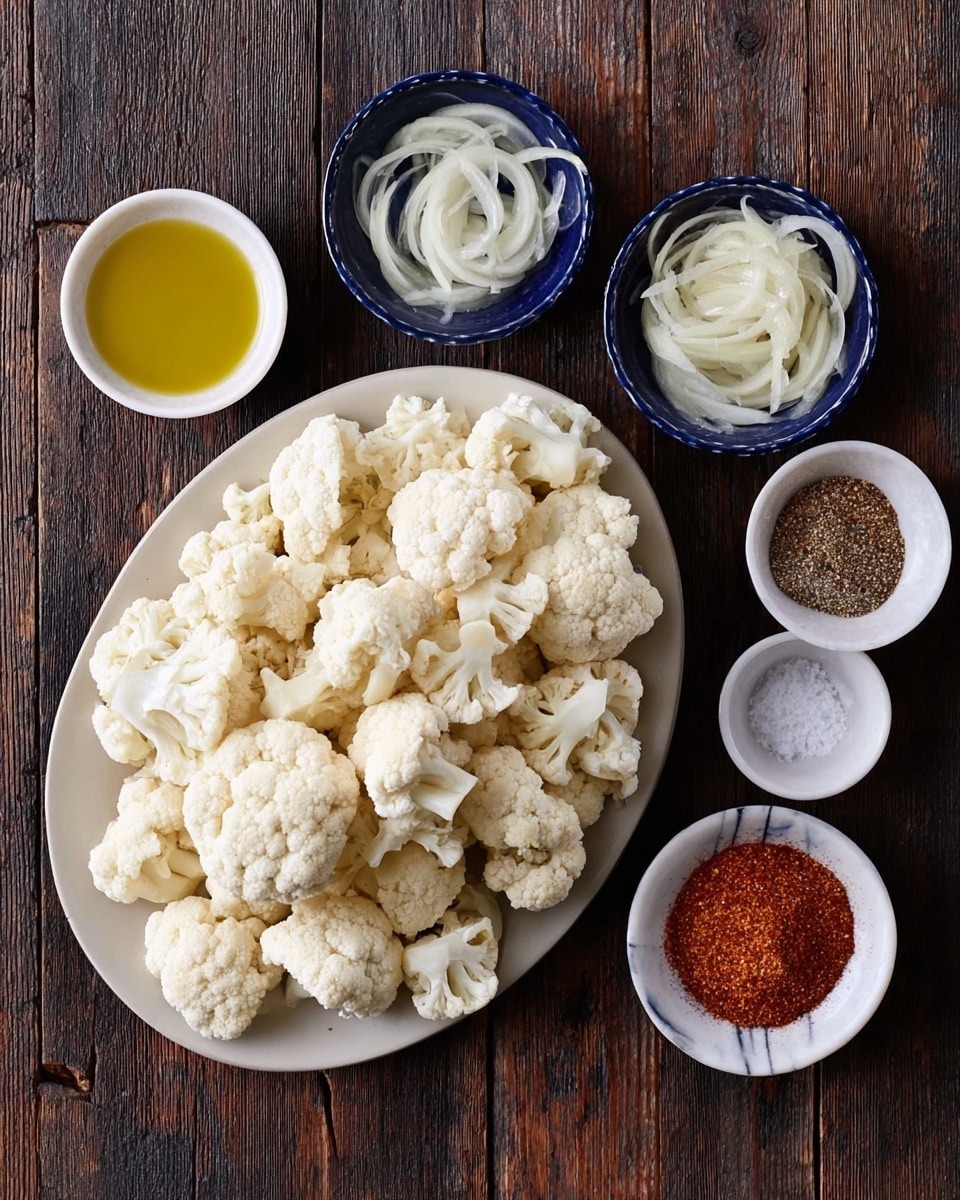 The image shows a large white oval plate filled with multiple pieces of raw cauliflower florets, piled loosely. Around the main plate, five small white bowls are placed on a dark wooden surface, now imagined as a white marbled texture: one contains golden-yellow oil, another has thin white sliced onions, a third is filled with coarse salt, a fourth with ground black pepper, and the last one with a reddish-brown spice mix. The arrangement is neat and simple, with the colors contrasting well against the white plate and bowls. Photo taken with an iphone --ar 4:5 --v 7