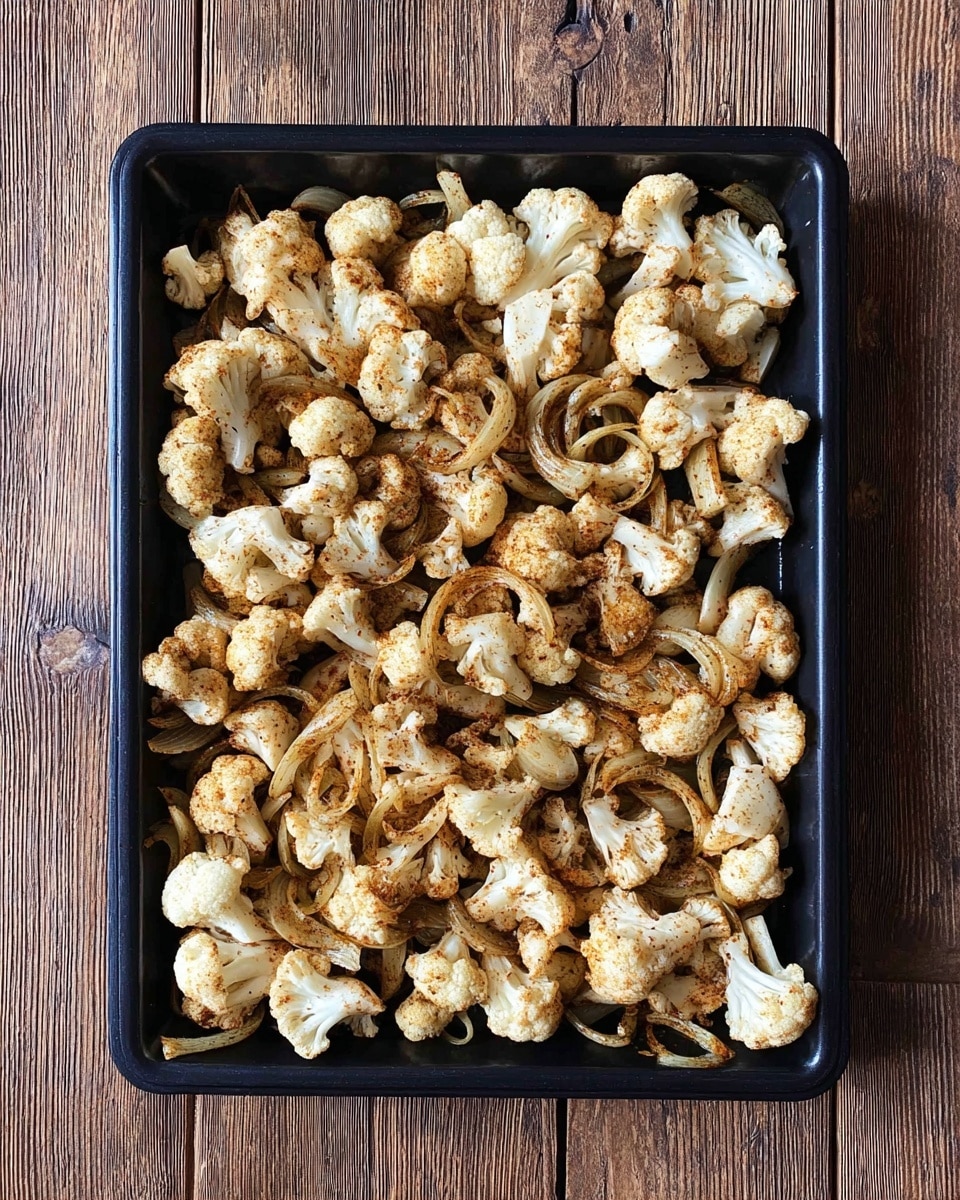 A black baking tray filled with many pieces of cauliflower and sliced onions evenly spread out. The cauliflower pieces are white with some brownish-red seasoning sprinkled on top giving a textured look. The sliced onions are light tan mixed throughout the cauliflower, curling around the edges. The tray sits on a wooden surface with visible grain. photo taken with an iphone --ar 4:5 --v 7