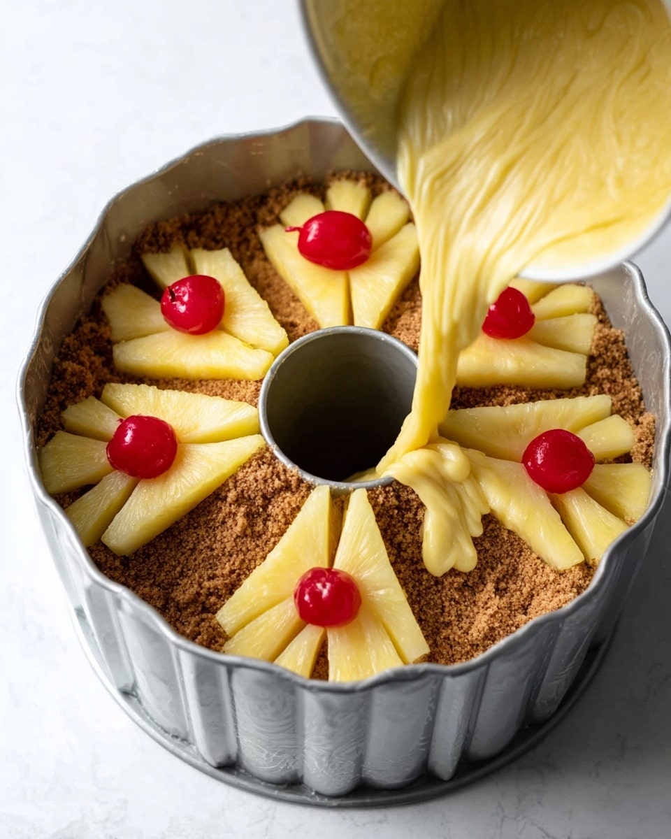 The image shows a metal bundt pan set on a white marbled surface. Inside the pan, there is a bottom layer of crushed brown crumbs carefully spread out. On top of this, there are evenly placed pineapple slices, each decorated with a bright red cherry in the middle and long yellow pineapple strips arranged between the slices, creating a circular pattern along the pan's sides. In the second part of the image, a yellow batter with a smooth texture is being poured into the pan, covering the fruit and crumb base. The batter cascades gently around the pineapple pieces, filling the space inside the pan. Photo taken with an iphone --ar 4:5 --v 7