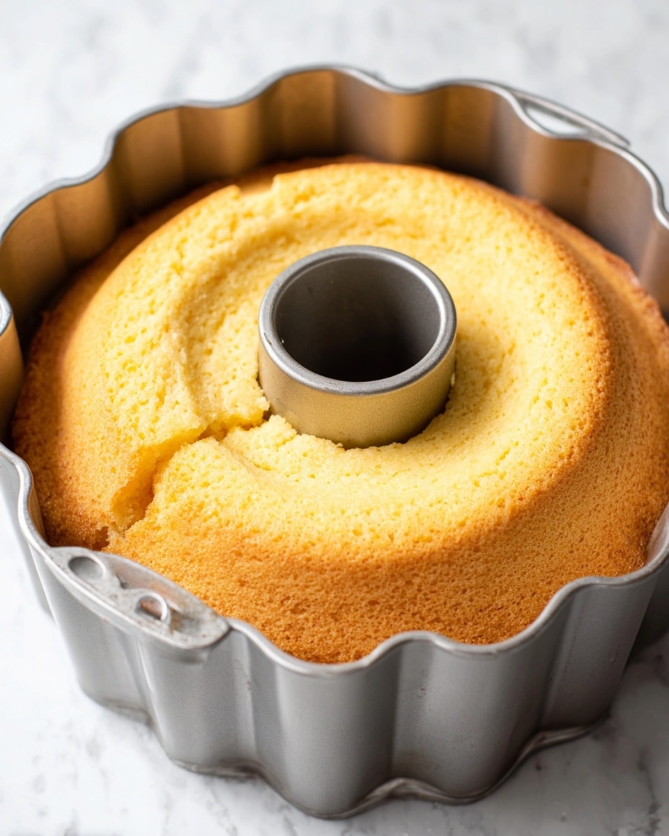 A single-layer cake with a soft, golden-yellow top sits inside a silver Bundt pan. The cake has a slightly uneven surface with a small crack near the center, around the pan’s hollow middle tube. The pan has a scalloped edge design and built-in handles on two sides, with the cake almost reaching the top edges. The background is a white marbled texture. Photo taken with an iphone --ar 4:5 --v 7