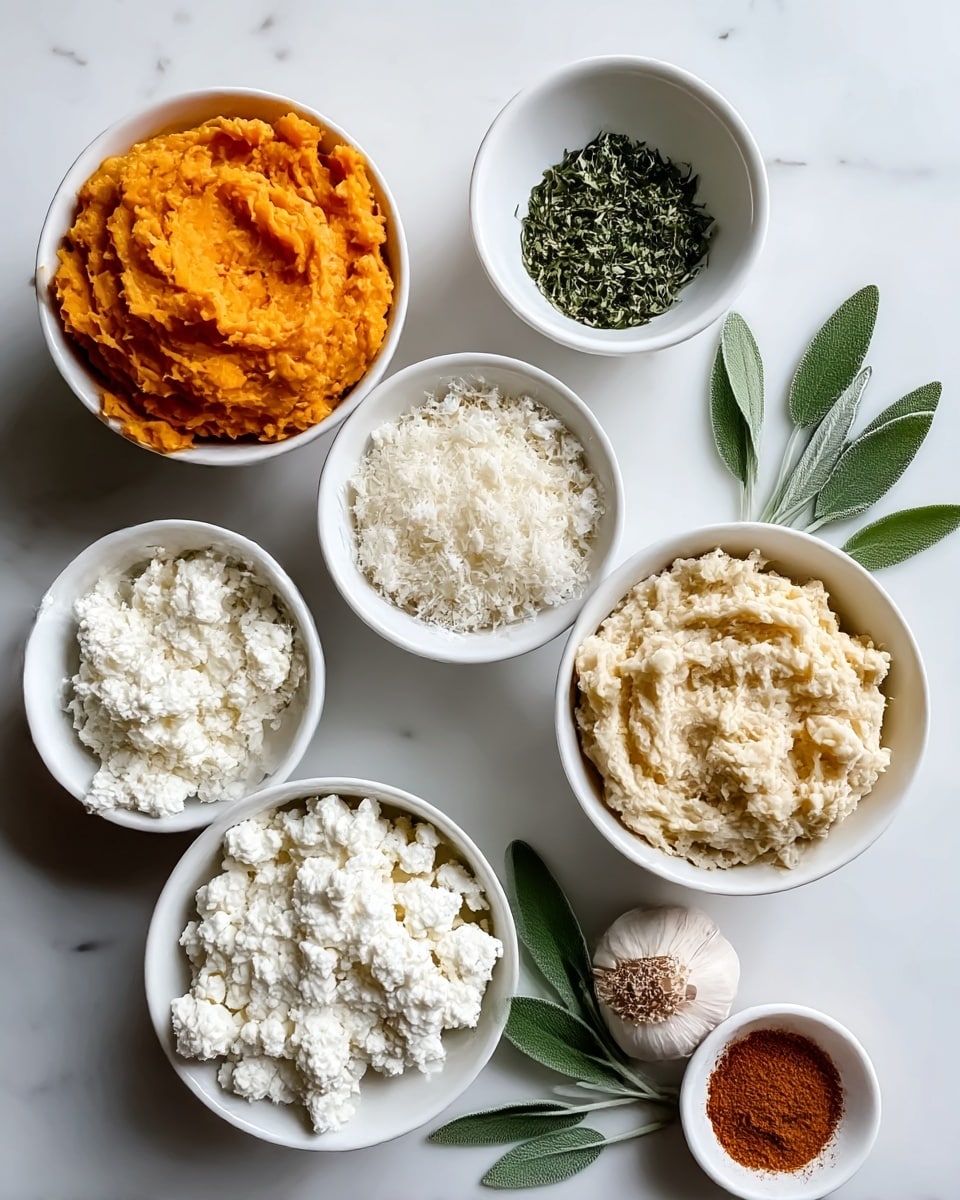 There are six white bowls on a white marbled surface, each filled with different ingredients. The top left bowl holds smooth orange mashed sweet potatoes, the small bowl above it contains finely chopped green herbs. To the right, a bowl is filled with finely grated white cheese. Below those, there is a bowl with crumbly white ricotta cheese on the left and another bowl with light beige mashed mixture on the right. On the surface to the right of the bowls, there is a small white bowl with brown cinnamon powder, a whole garlic bulb, and fresh green sage leaves. Photo taken with an iphone --ar 4:5 --v 7