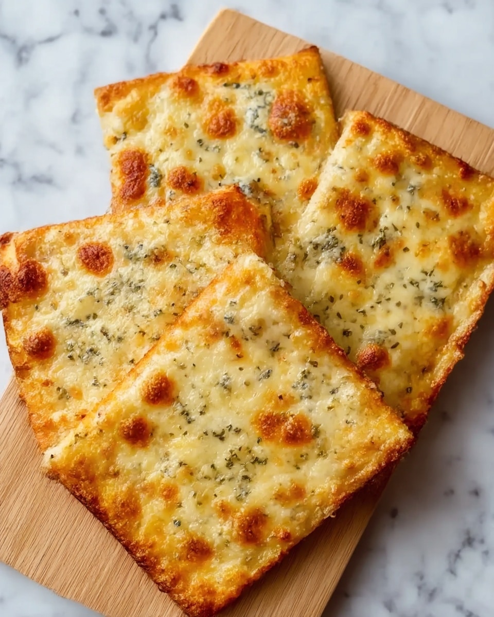 The image shows three rectangular pieces of cheesy bread on a light wooden board. Each piece has a thin golden crust, with bubbly and slightly browned melted cheese covering the surface. There are specks of herbs sprinkled evenly across the cheese, adding small green touches. The texture looks crispy around the edges and soft in the middle. The wooden board rests on a white marbled surface. Photo taken with an iphone --ar 4:5 --v 7