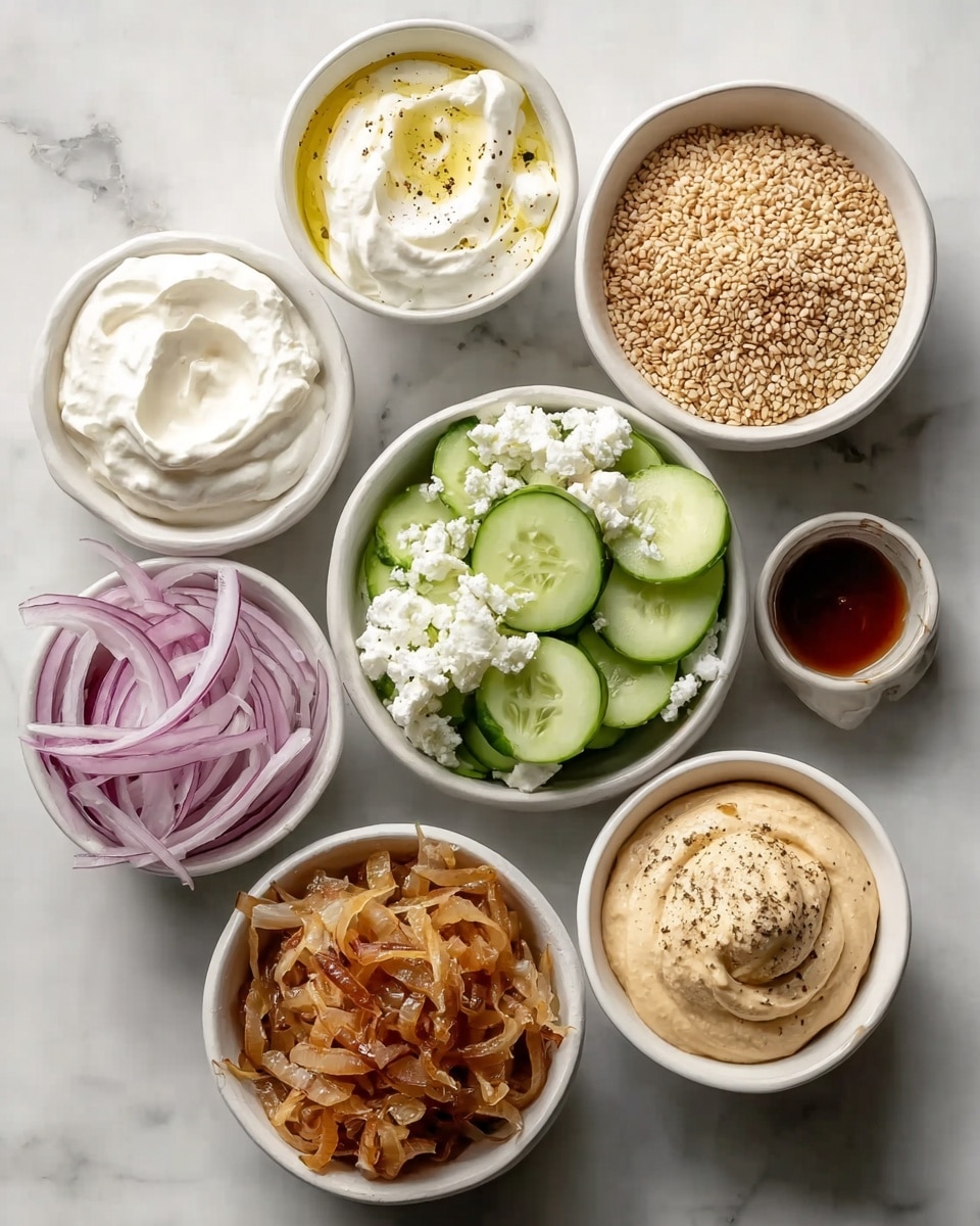 The image shows eight small white bowls arranged on a white marbled surface, each containing a different ingredient. Starting from the top left, the first bowl has a thick white creamy substance. Next to it is a bowl with a light yellow liquid mixed with black specks. To the right is a bowl filled with light brown sesame seeds. On the far right at the top, a small bowl contains a dark reddish-brown syrup. Below these, a bowl holds thinly sliced red onions arranged in a loose pile. In the center is a bowl with whipped cream and chopped green bits mixed throughout, creating a lumpy white and pale green texture. Just below to the left, a bowl contains sliced cucumber rounds stacked neatly and showing light green flesh with seeds. To the right of that, a bowl holds shredded and browned caramelized onions. Lastly, on the bottom right, a bowl filled with smooth, beige hummus-like paste is sprinkled with black pepper on top. All bowls are clean with no spills. Photo taken with an iphone --ar 4:5 --v 7