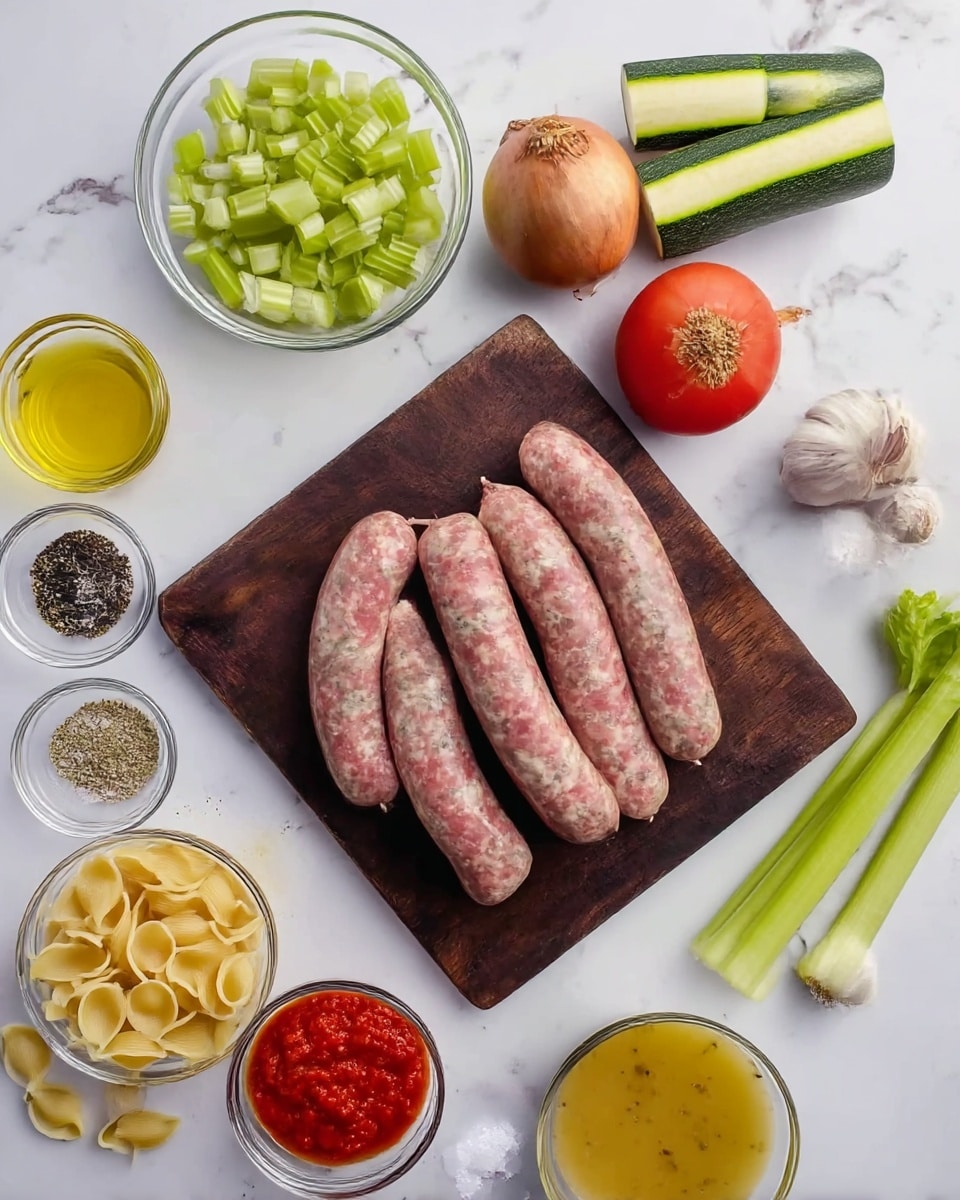 The image shows a dark wooden cutting board placed on a white marbled texture surface, holding three uncooked sausages with a mix of pink and white colors. Around the cutting board, there are multiple clear glass bowls and some loose ingredients: a bowl with chopped green celery pieces on the top left, a bowl with green striped zucchini quartered on the top right, a whole brown onion and a whole red tomato near the top center, a small bowl of black pepper and a small bowl of mixed dried herbs scattered nearby, as well as a bowl with yellow oil near the bottom left. Next to the oil is a bowl with large, flat pasta shells, a bowl with a light yellow broth with visible herbs on the bottom right, and a bowl with red tomato sauce is placed near the bottom left corner. Two full garlic bulbs and two celery stalks lie on the surface near the bottom right, and a small pile of salt sits near the center bottom area. Photo taken with an iphone --ar 4:5 --v 7