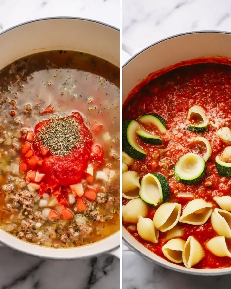 The image shows two white pots on a white marbled surface, each with different stages of cooking. The left pot contains a liquid mixture with small bits of ground meat at the bottom, topped with diced red tomatoes, a red sauce dollop, and dried herbs in the center, floating in a light oily broth. The right pot features a thick red tomato sauce with visible green zucchini slices and uncooked shell pasta scattered on top. The sauce has a chunky texture with bits of onion and ground meat visible underneath the pasta. Photo taken with an iphone --ar 4:5 --v 7