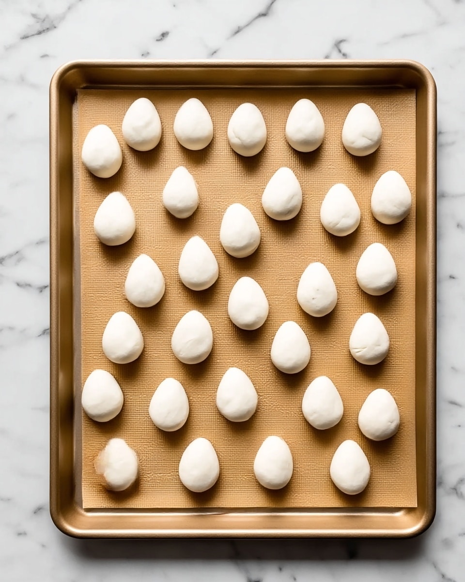 The image shows a white tray lined with brown parchment paper, holding 23 small dough pieces arranged neatly in four rows; each dough piece is teardrop-shaped with a smooth, slightly shiny white surface and placed evenly apart on the tray, which rests on a white marbled surface. photo taken with an iphone --ar 4:5 --v 7