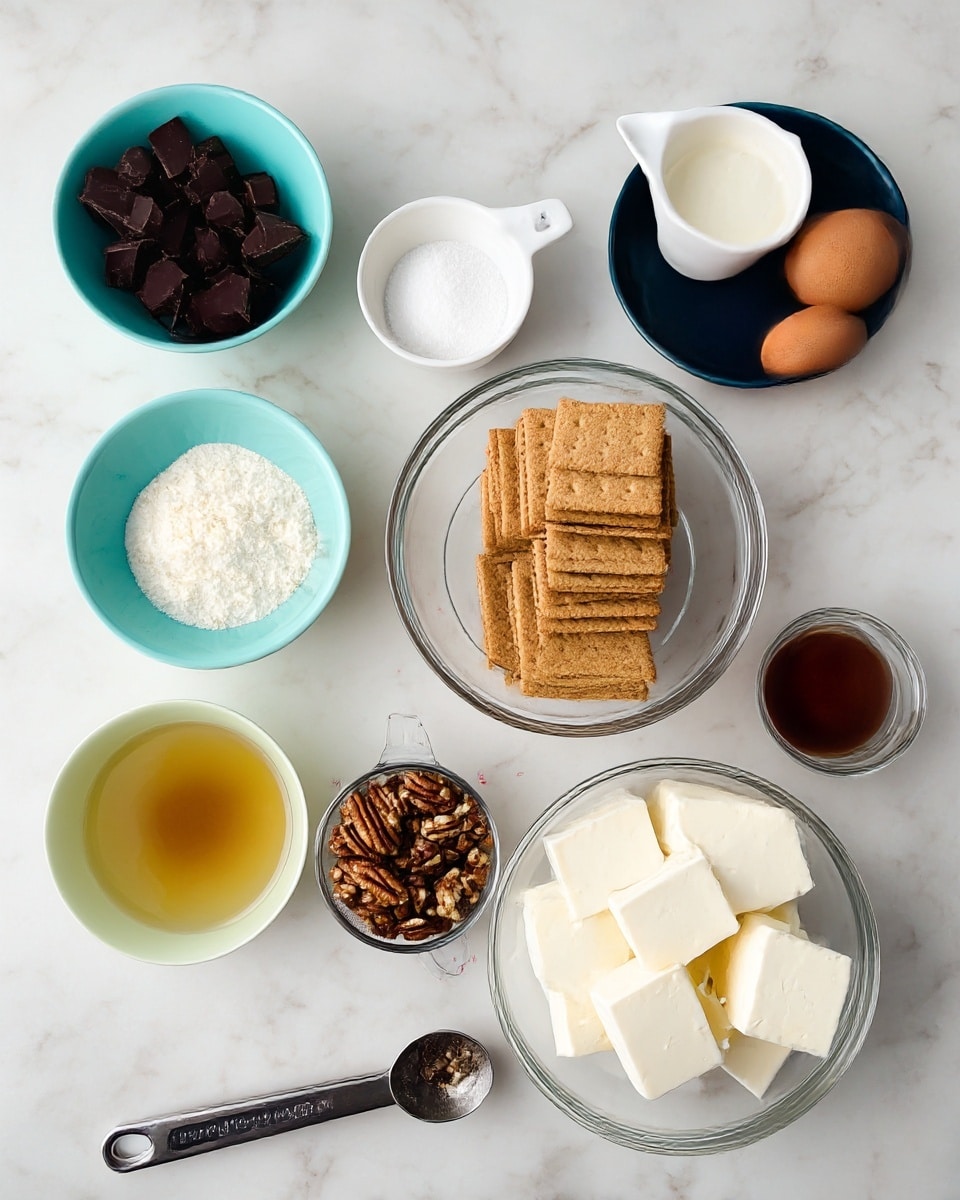 The image shows a white marbled surface with various ingredients arranged neatly. There is a white bowl filled with large, white cream cheese blocks on the lower right. Towards the middle is a clear glass bowl filled with whole, square graham crackers standing upright. On the upper right, a small white metal measuring cup holds cream, beside a dark blue bowl holding two brown eggs. Just above the crackers to the left, a light turquoise bowl holds dark chocolate chunks. To the far left, a small clear glass bowl contains white sugar, with a small white bowl filled with a brown syrupy sauce below it. A pale green bowl, filled with melted butter, is next to a metal measuring cup holding chopped pecans in the lower left part of the image. A silver measuring spoon with a black handle rests in front of the nut cup. Photo taken with an iphone --ar 4:5 --v 7