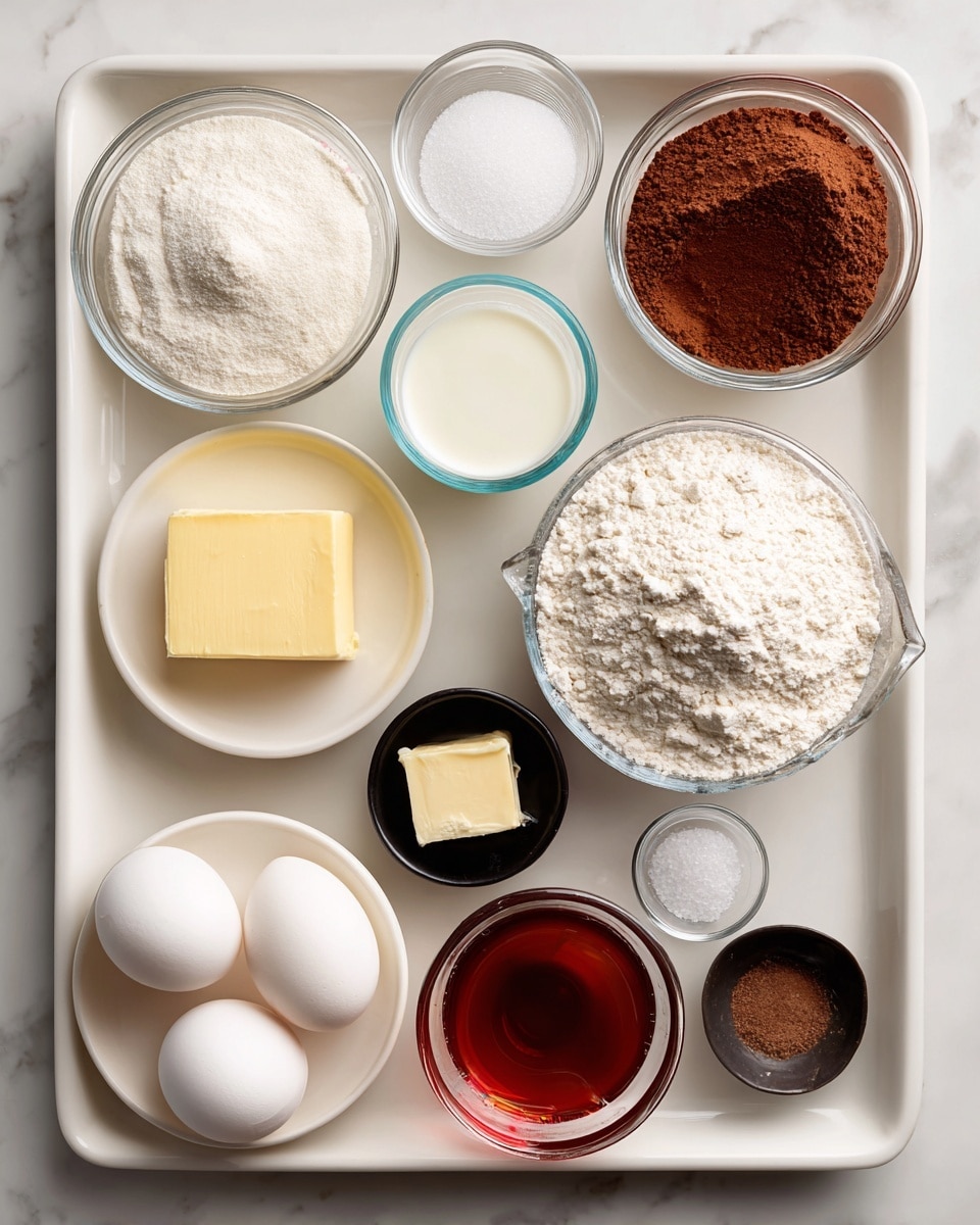 A white tray with nine clear glass bowls and small white and black dishes holding baking ingredients arranged neatly: a large bowl of white flour with a powdery texture on the right, a bowl of fine brown cocoa powder above it, a bowl of white granulated sugar top left, and a clear measuring cup with white milk top right. Below the cocoa is a small white bowl with melted yellow butter, next to it a white plate with two whole white eggs. On the bottom left, a small white round dish with light brown apple cider vinegar, beside it a small piece of pale yellow room temperature butter resting on wax paper. There is a small clear dish with coarse white salt and a small black dish with white baking soda near it. A small clear bowl with dark brown vanilla liquid sits center bottom, next to a clear glass cup with red hot water. All items sit on a white marbled surface photo taken with an iphone --ar 4:5 --v 7