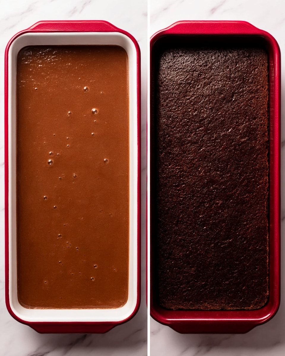 Two images side by side show a rectangular white baking pan with a dark red rim on a white marbled surface. The left image shows a smooth, light brown chocolate batter filling the pan evenly with a few small bubbles on the surface. The right image shows the same pan after baking, with a dark brown cake that has risen with a slightly rough texture and a few cracks near the edges. Photo taken with an iphone --ar 4:5 --v 7