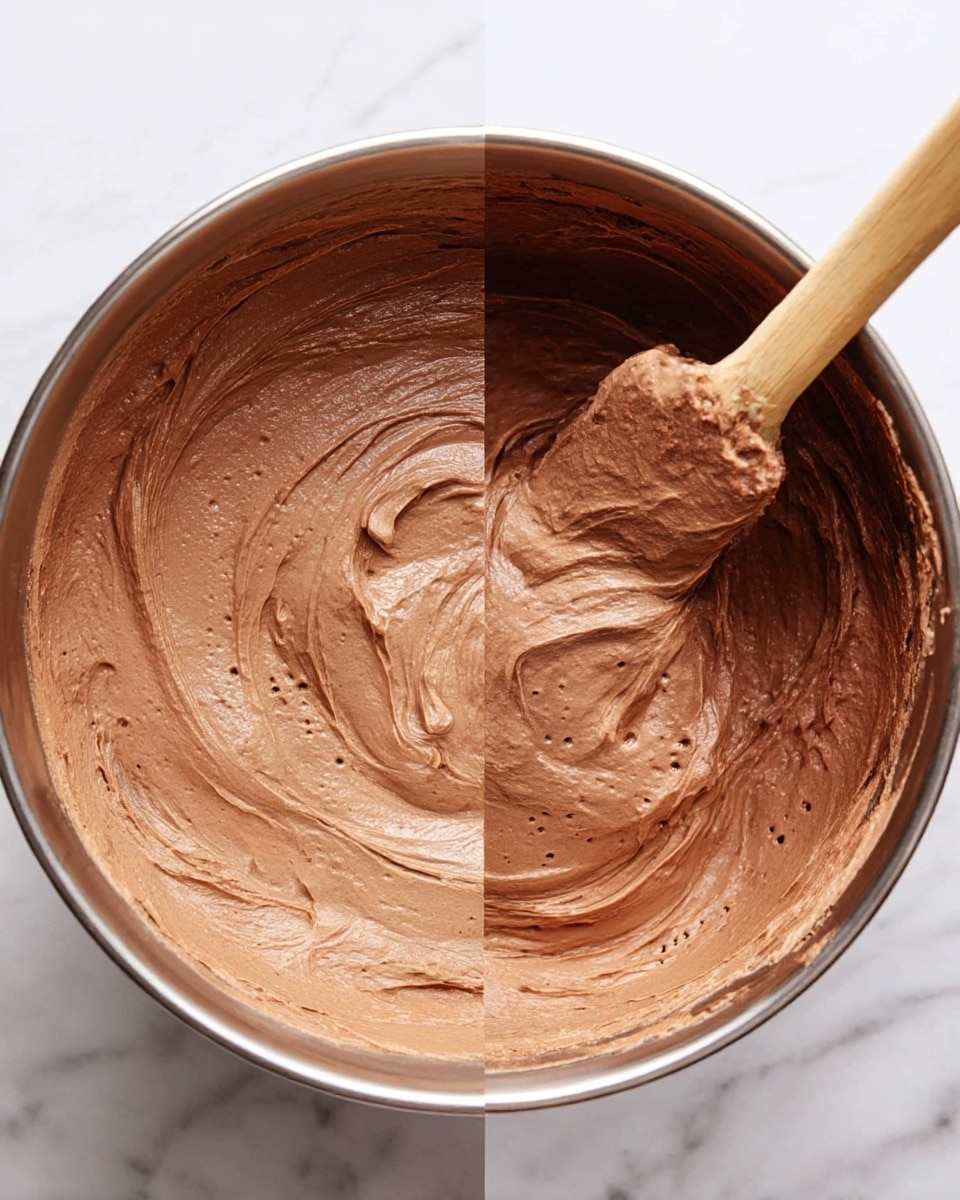 The image shows a single large bowl filled with smooth, creamy light brown chocolate mousse. The mousse has a soft, whipped texture with small, fine bubbles throughout and gentle folds on the surface. A wooden spatula is partially inside the mousse, covered with some mousse on its edge. The bowl is metal and sits on a white marbled surface, with the mousse evenly spreading up the sides of the bowl. Photo taken with an iphone --ar 4:5 --v 7