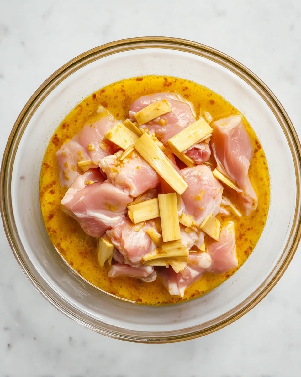 A clear glass bowl contains raw pink chicken pieces immersed in a yellow-orange marinade that has a slightly oily texture, along with pale yellow bamboo shoots scattered on top and around the chicken. The bowl is set on a white marbled surface, showing the layers clearly with the chicken and bamboo sitting in the marinade, which pools slightly at the bottom. The chicken pieces have a smooth raw texture, while the bamboo shoots have a fibrous and firm look. photo taken with an iphone --ar 4:5 --v 7