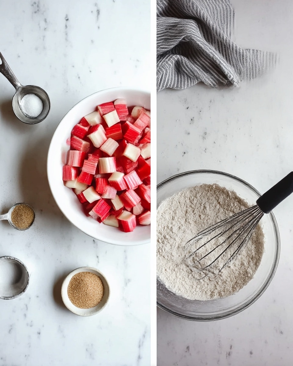 The image shows two photos side by side on a white marbled surface. The left photo features a white bowl filled with small square pieces of red and white rhubarb. Around the bowl, there are small containers with different ingredients, including a silver scoop and a small round dish with light brown sugar. The right photo shows a clear glass mixing bowl with flour inside. A whisk with a black handle is resting in the bowl, and a grey striped cloth is partly visible above the bowl. photo taken with an iphone --ar 4:5 --v 7