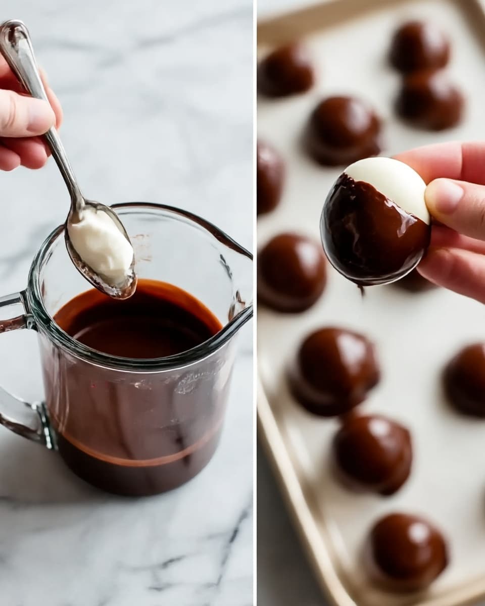 The image shows a clear glass measuring cup filled with smooth dark brown chocolate on a white marbled surface. On the left side, a woman's hand holds a spoon with a dollop of white cream above the chocolate, about to mix it in. On the right side, a close-up shows the same woman's hand dipping a small round white piece, half-covered in shiny chocolate, held above the measuring cup. In the background, there is a white tray with several glossy, chocolate-covered round treats. Photo taken with an iphone --ar 4:5 --v 7