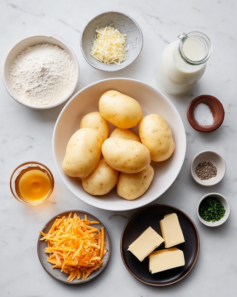 A white bowl in the center holds seven peeled potatoes with smooth, light yellow skin. Around the bowl are small dishes and containers, including a white bowl with white flour, a small gray bowl with minced garlic, a white bowl filled with shredded orange cheese, and a small dark plate holding three rectangular pieces of butter. There are also small bowls with black pepper, salt, and chopped green herbs. A glass bottle of white milk and a clear glass cup of golden liquid sit on the white marbled surface surrounding the ingredients. Photo taken with an iphone --ar 4:5 --v 7