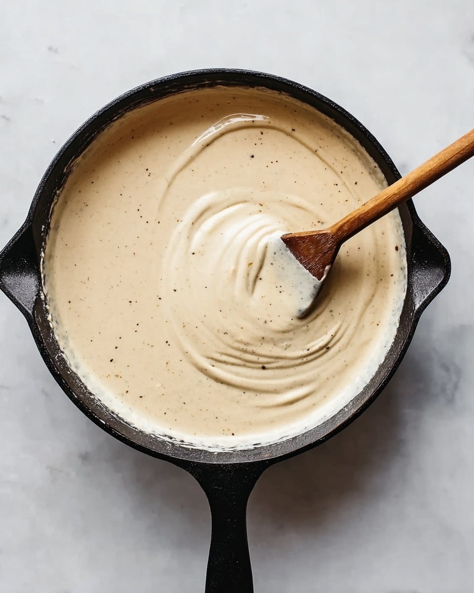The image shows a black cast iron pan filled with a thick, creamy sauce that is light beige in color with small specks of herbs or spices scattered throughout. A wooden spoon is dipped into the sauce, creating small folds and swirls on its smooth surface. The pan is placed on a white marbled texture background, giving the scene a clean and simple look. Photo taken with an iphone --ar 4:5 --v 7