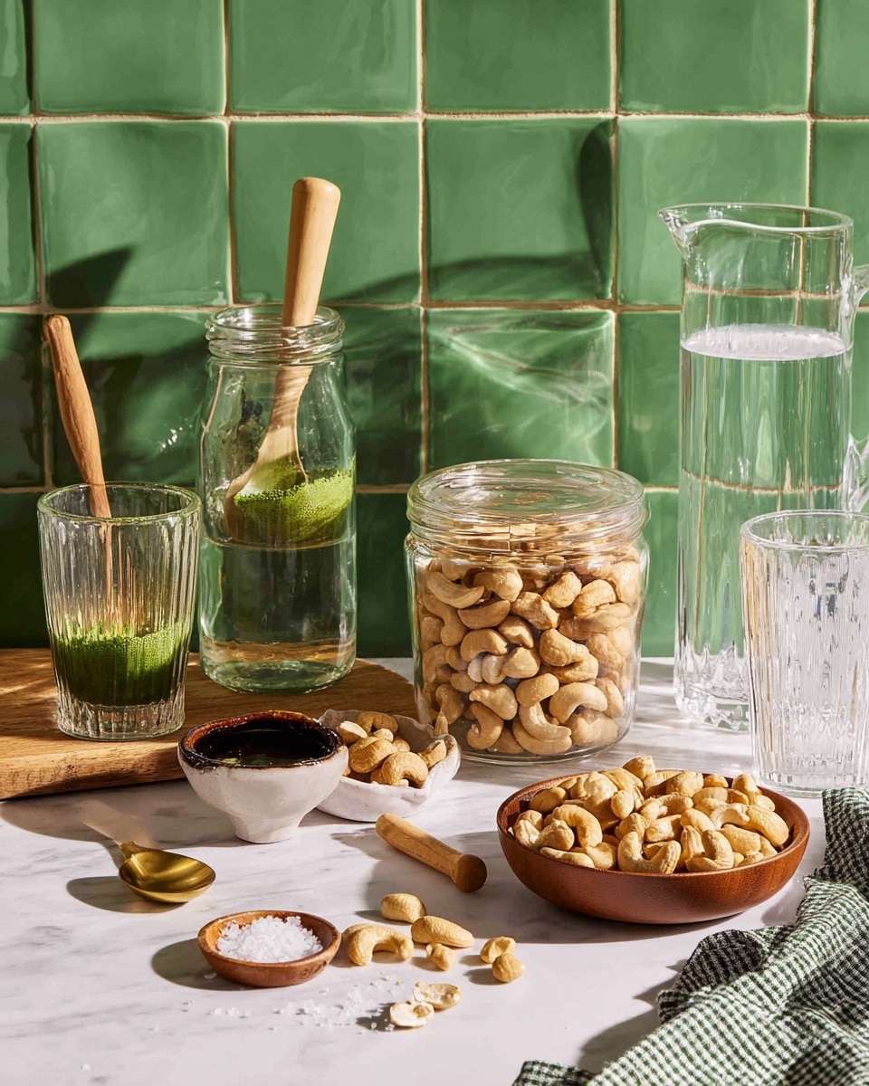 A clear glass jar filled with light brown cashew nuts sits on the right side with a wooden scoop inside, next to a small white bowl holding a dark sauce. In front of these, a shallow brown bowl holds more cashews, with a few scattered around on a white marble surface. To the left, a small white bowl contains coarse salt, accompanied by a golden spoon with salt on it. Behind these, a transparent glass jar with green matcha powder and a wooden spoon inside stands next to a glass pitcher of clear water and a couple of empty wavy clear glasses. A green and white checkered cloth lies on the right foreground. The background is made of large green tiles with white grout lines. photo taken with an iphone --ar 4:5 --v 7