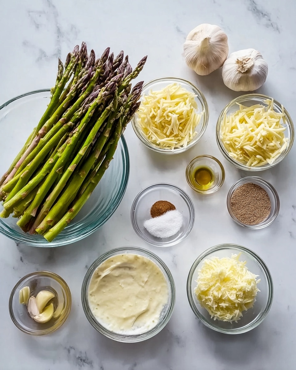 The image shows a white marbled surface with several clear glass bowls arranged neatly. The largest bowl holds green asparagus spears stacked on top of each other, with a slightly purple tint at the tips. Surrounding this are smaller bowls containing shredded white cheese, peeled garlic cloves, a small portion of grainy brown mustard, a bowl of pepper, a bowl of salt, a bowl with a white powder, a bowl with a creamy white liquid, a bowl with finely grated cheese, and a bowl with minced garlic. Everything is spread out clearly and brightly on the white marbled texture surface photo taken with an iphone --ar 4:5 --v 7