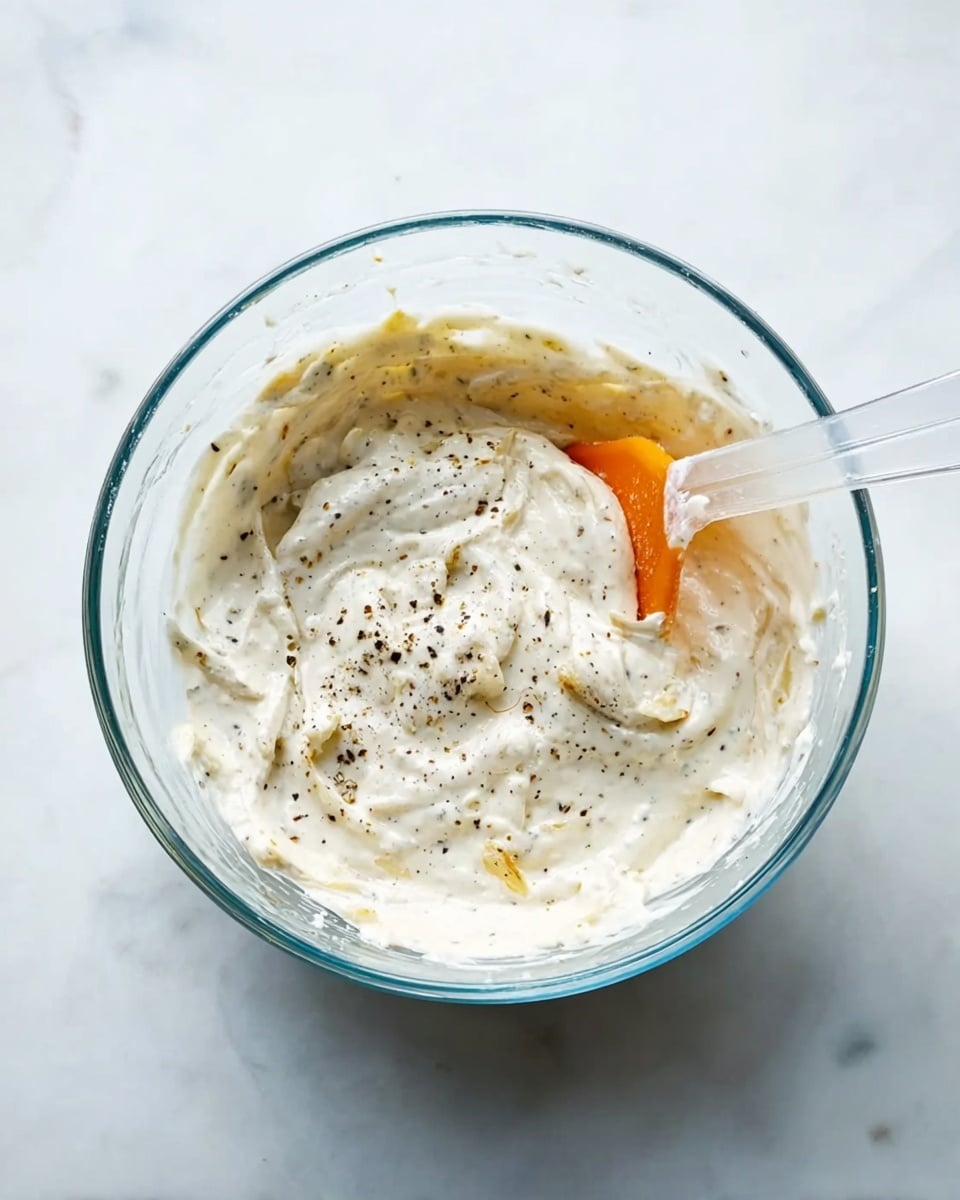 A clear glass bowl sits on a white marbled surface, filled with a creamy white mixture that has visible small pieces inside, possibly noodles or shredded texture. There are dark specks, possibly black pepper, scattered on the top. A clear spatula with an orange edge rests inside the bowl, partially dipped into the mixture. The lighting is soft, showing the creamy and slightly chunky texture of the food. photo taken with an iphone --ar 4:5 --v 7