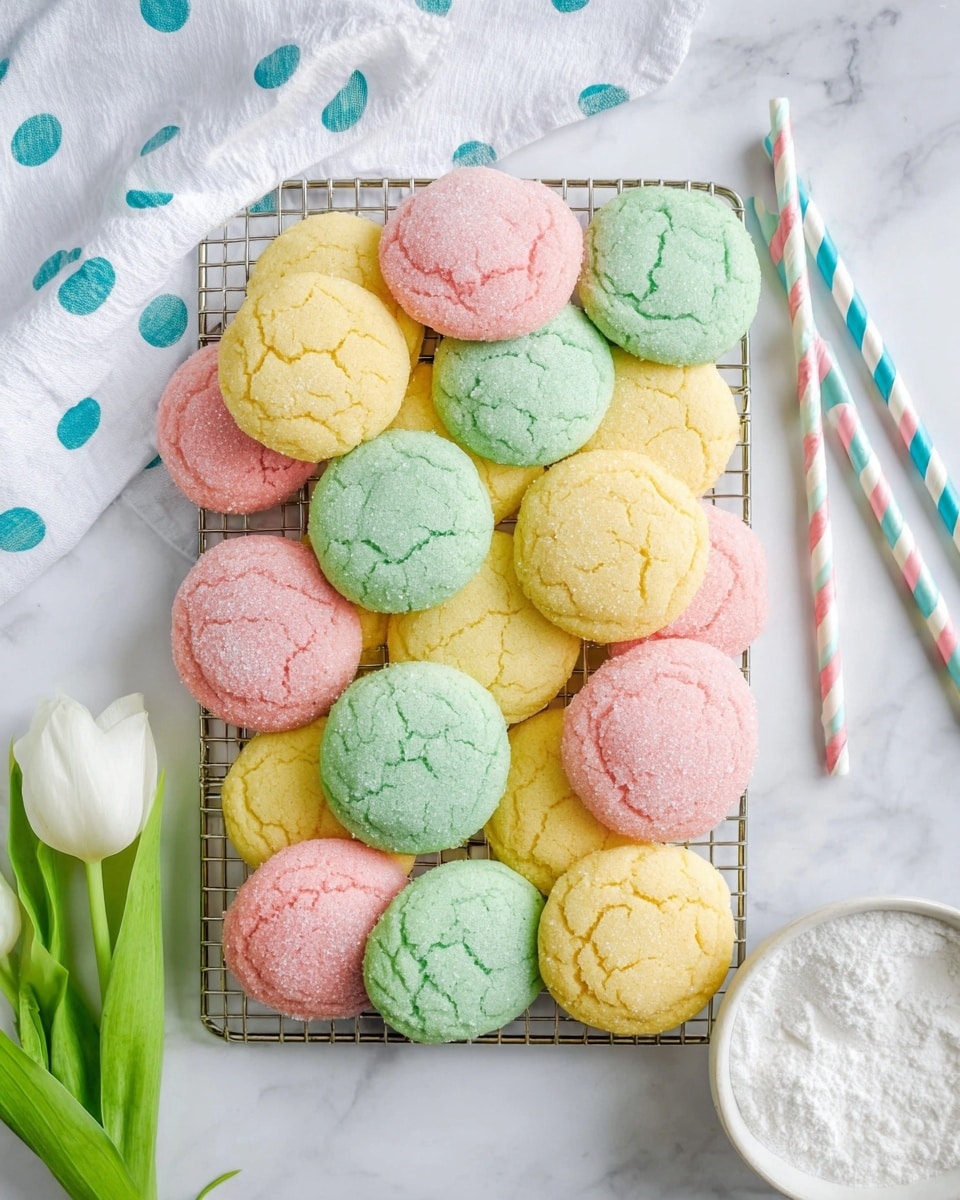 A wire rack is filled with about twenty round cookies in three colors: soft green, pink, and yellow. Each cookie has a slightly cracked texture on the top and a light sprinkle of sugar crystals that add a little sparkle. The cookies are laid close together, some overlapping in a casual pile. To the left, there is a white tulip flower and a white cloth with light blue spots draped on a white marbled surface. On the right side near the top, three striped paper straws in pastel blue, pink, and yellow rest diagonally. A small white bowl filled with coarse sugar sits at the bottom right corner. Photo taken with an iphone --ar 4:5 --v 7