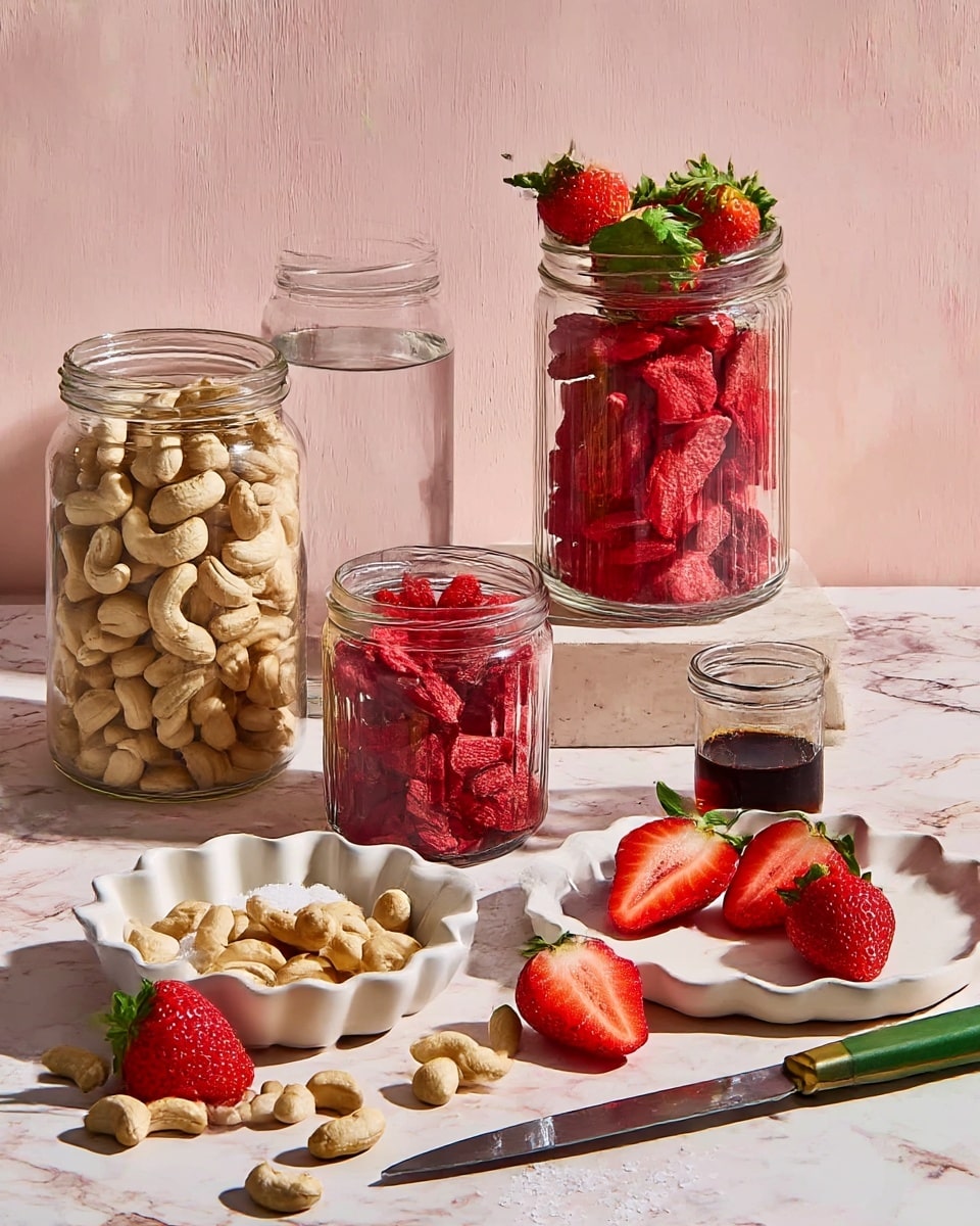 The image shows a clear glass jar filled with whole cashew nuts, a smaller clear glass jar full of bright red dried strawberry pieces, and a glass cup holding fresh ripe strawberries with green leaves on top. There is also a clear jar filled with water and a tiny glass container with a dark liquid, likely syrup or extract. In the front, there are loose fresh strawberries and cashew nuts scattered on a surface with a white marbled texture. A small white bowl with a wavy edge contains some white coarse salt. A white plate holds more cashew nuts, and next to it lies a green-handled knife with a shiny blade resting beside a halved fresh strawberry. The background is a soft light pink wall. Photo taken with an iphone --ar 4:5 --v 7