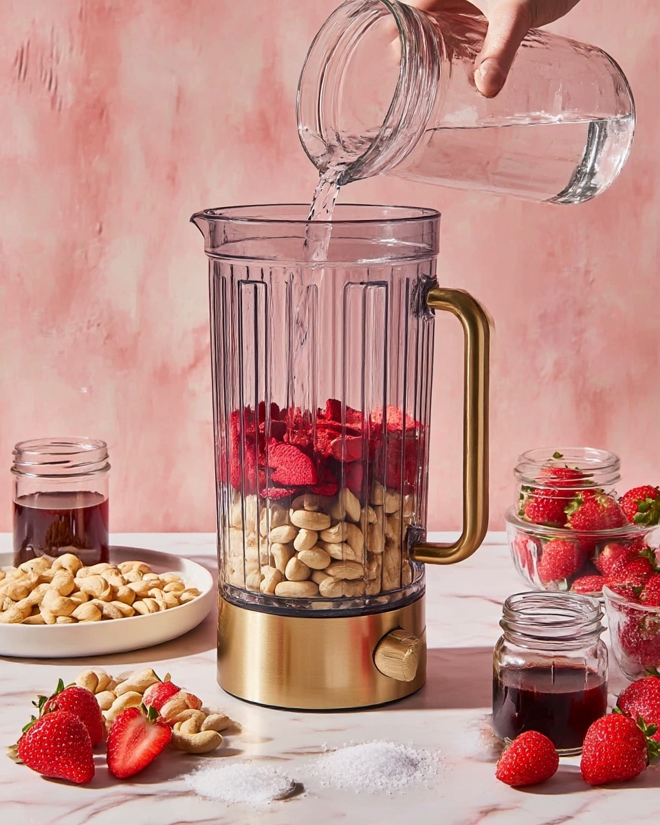 A clear blender container with a gold handle is shown standing on a white marbled surface. Inside the blender at the bottom is a layer of whole pale beige cashew nuts, above them is a layer of bright red dried strawberry slices. A woman's hand is pouring clear water into the blender from a glass jar. Around the blender on the surface are various ingredients: a white plate holding more cashew nuts, two loose strawberries, a small white bowl filled with coarse salt, a small glass jar of dark red liquid, a clear glass bowl of fresh strawberries, and more dried strawberries and cashew nuts in glass jars. The background is soft pink textured. Photo taken with an iphone --ar 4:5 --v 7